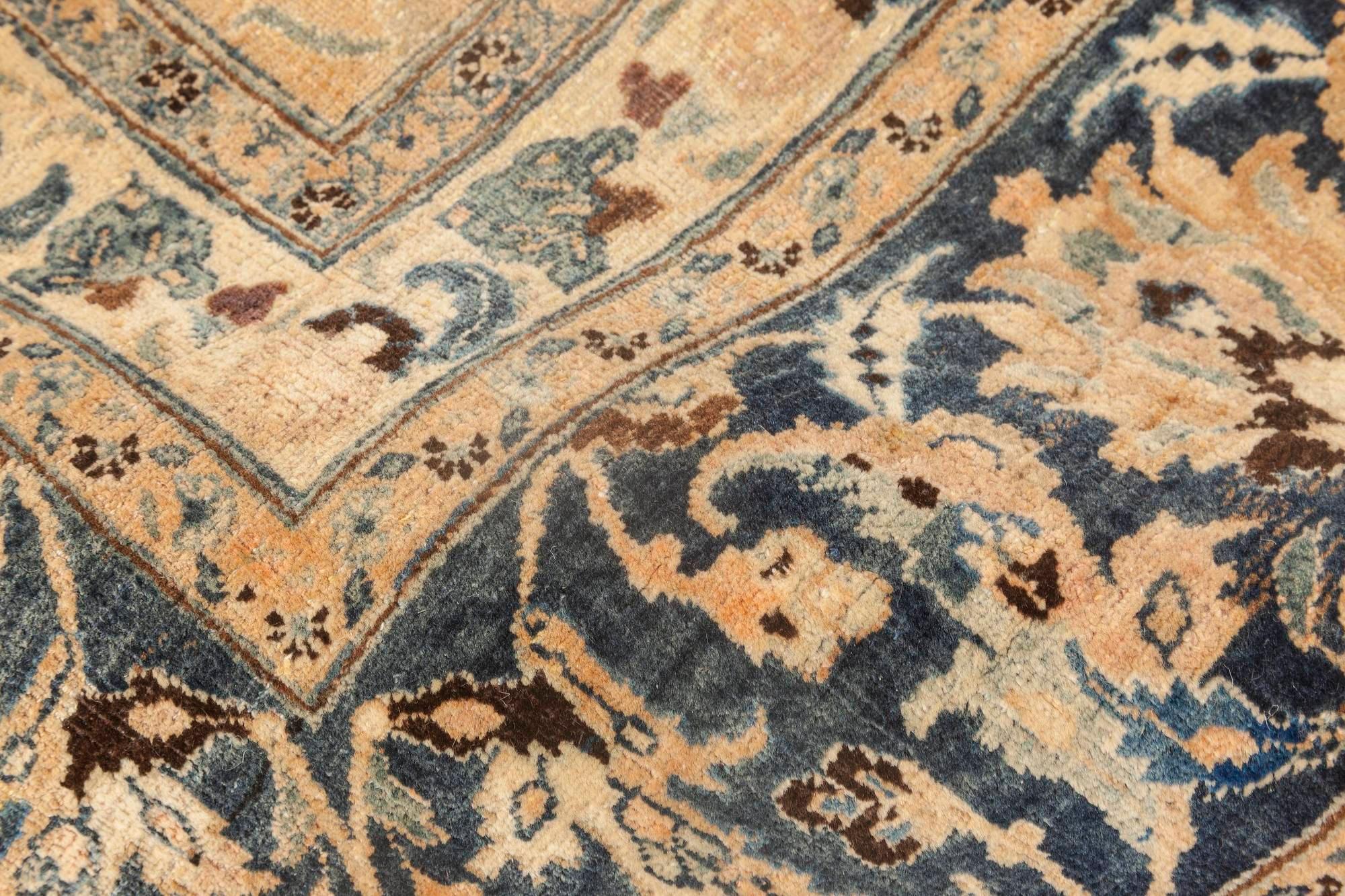 Hand-Woven Early 20th Century Persian Meshad Blue, Beige, Brown Handmade Wool Rug For Sale