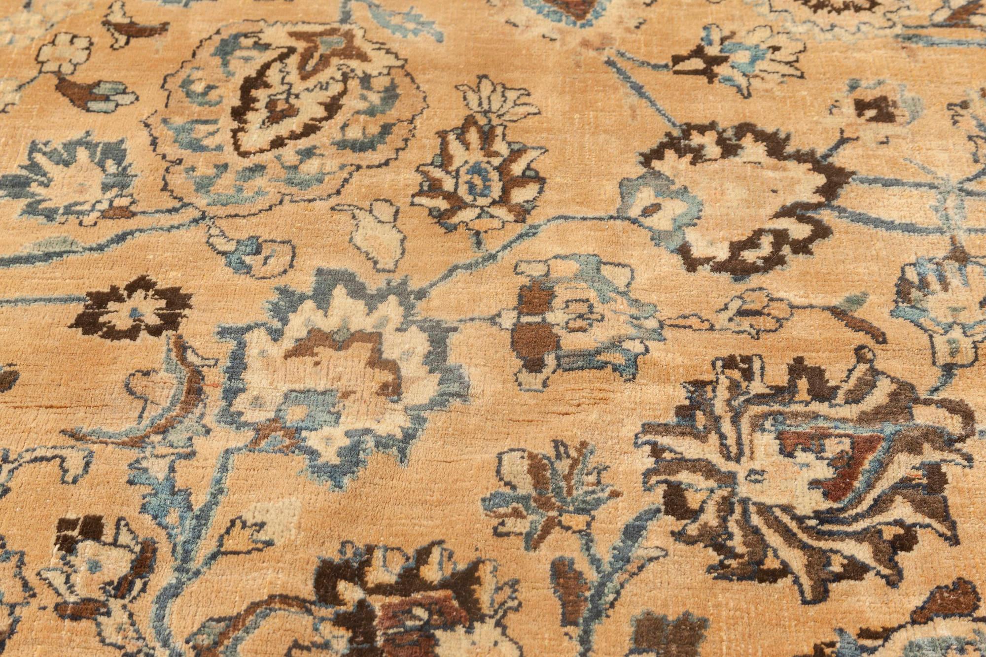 Early 20th Century Persian Meshad Blue, Beige, Brown Handmade Wool Rug In Good Condition For Sale In New York, NY