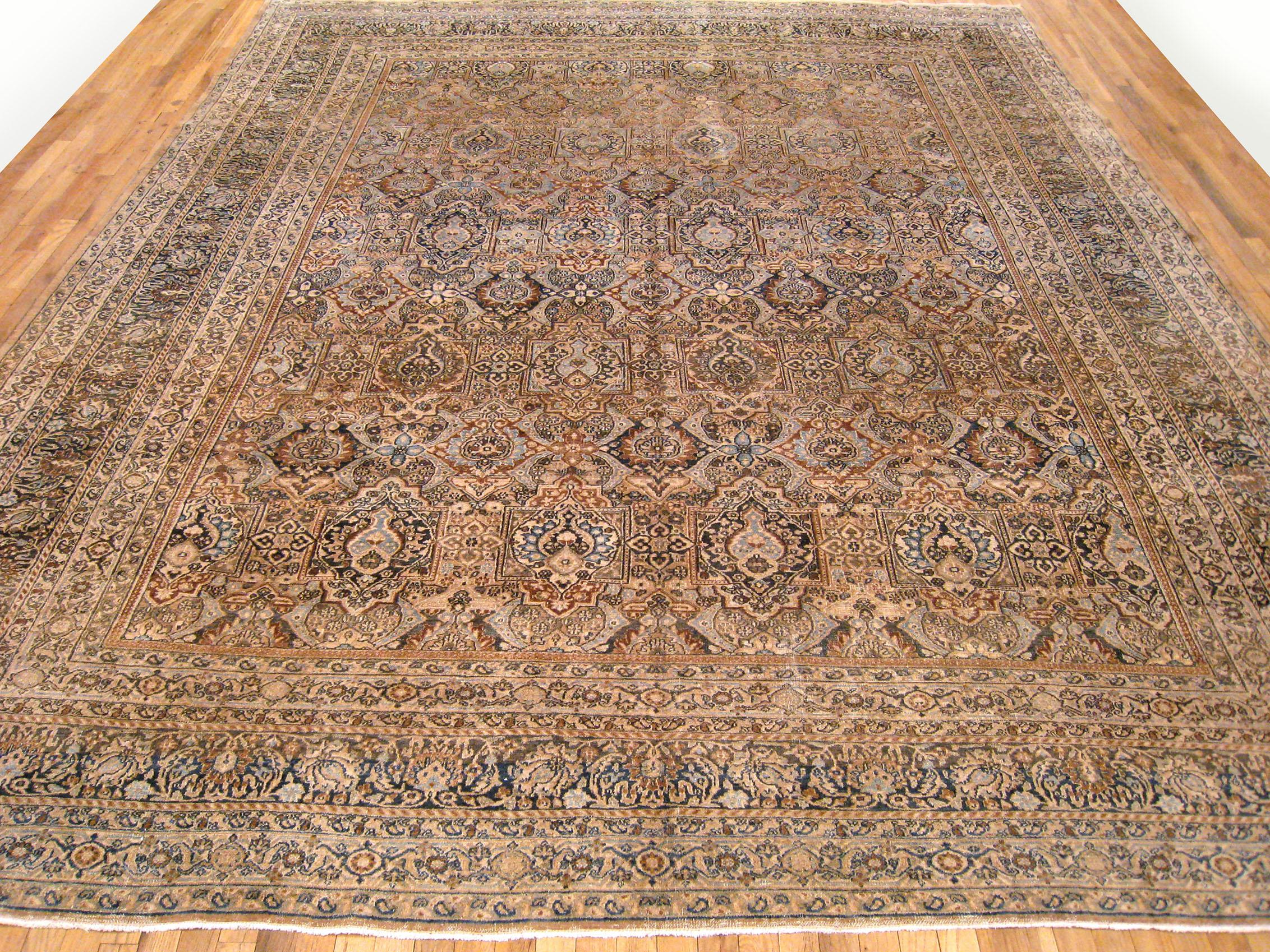 Hand-Knotted Antique Persian Meshed Oriental Rug, in Large size, w/ Floral Elements For Sale