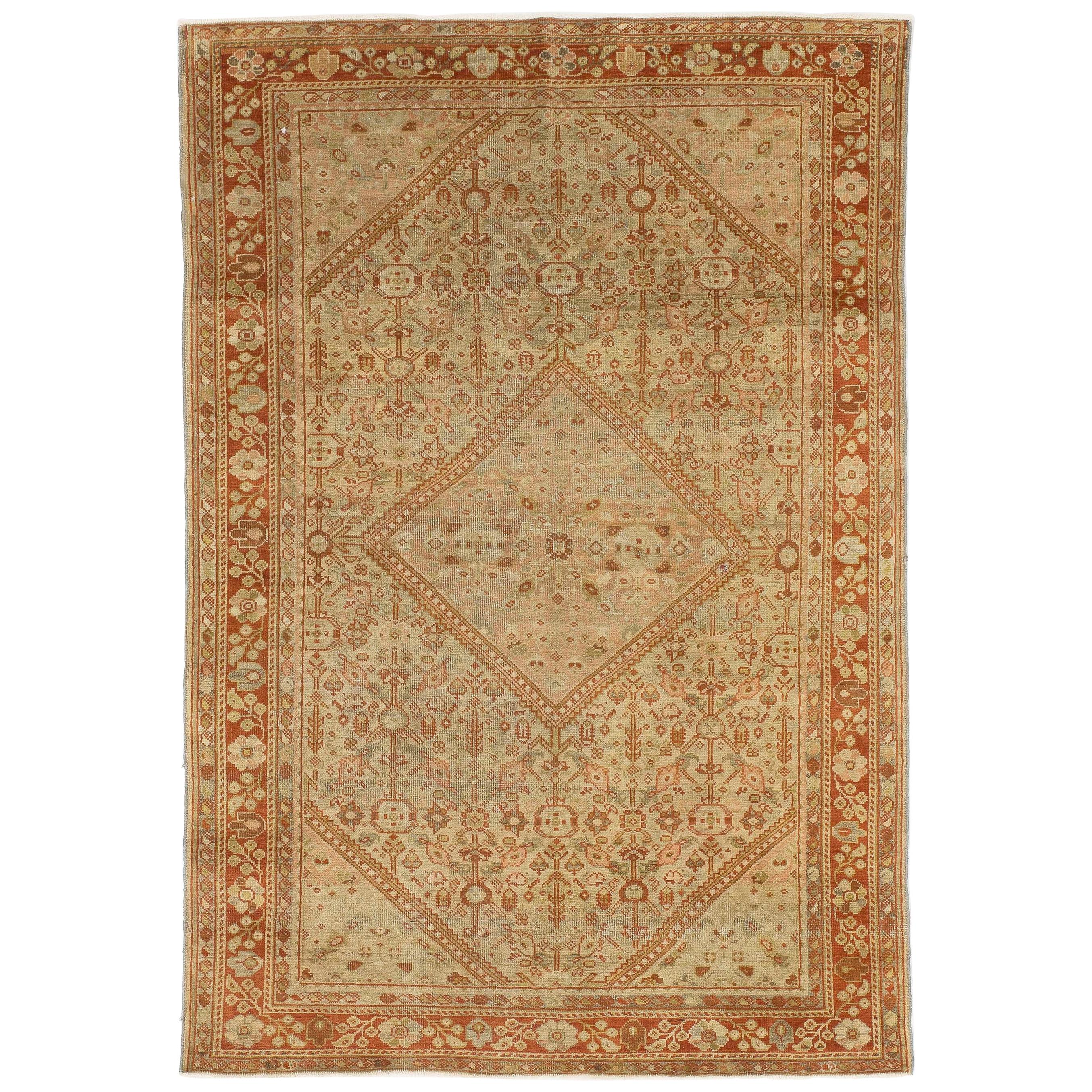 Antique Persian Meshkabad Rug with Diamond Floral Medallion in Red and Beige For Sale