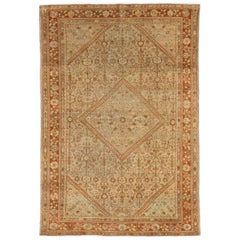 Antique Persian Meshkabad Rug with Diamond Floral Medallion in Red and Beige