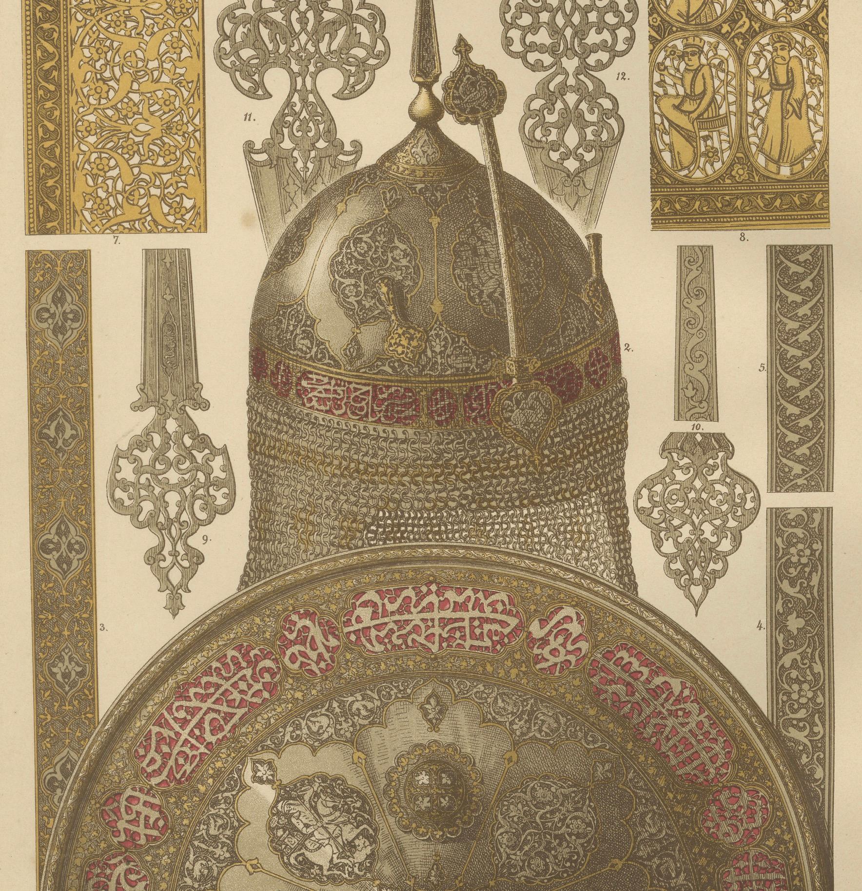 Antique Persian Metalwork Print Featuring Armour and Islamic Ornamentation, 1887

This exquisite antique print highlights the ornamental mastery of Persian metalwork, with a particular focus on ceremonial arms and armor. Published in 1887 as part of