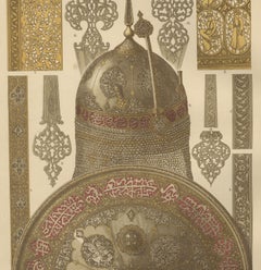 Antique Persian Metalwork Print Featuring Armour and Islamic Ornamentation, 1887