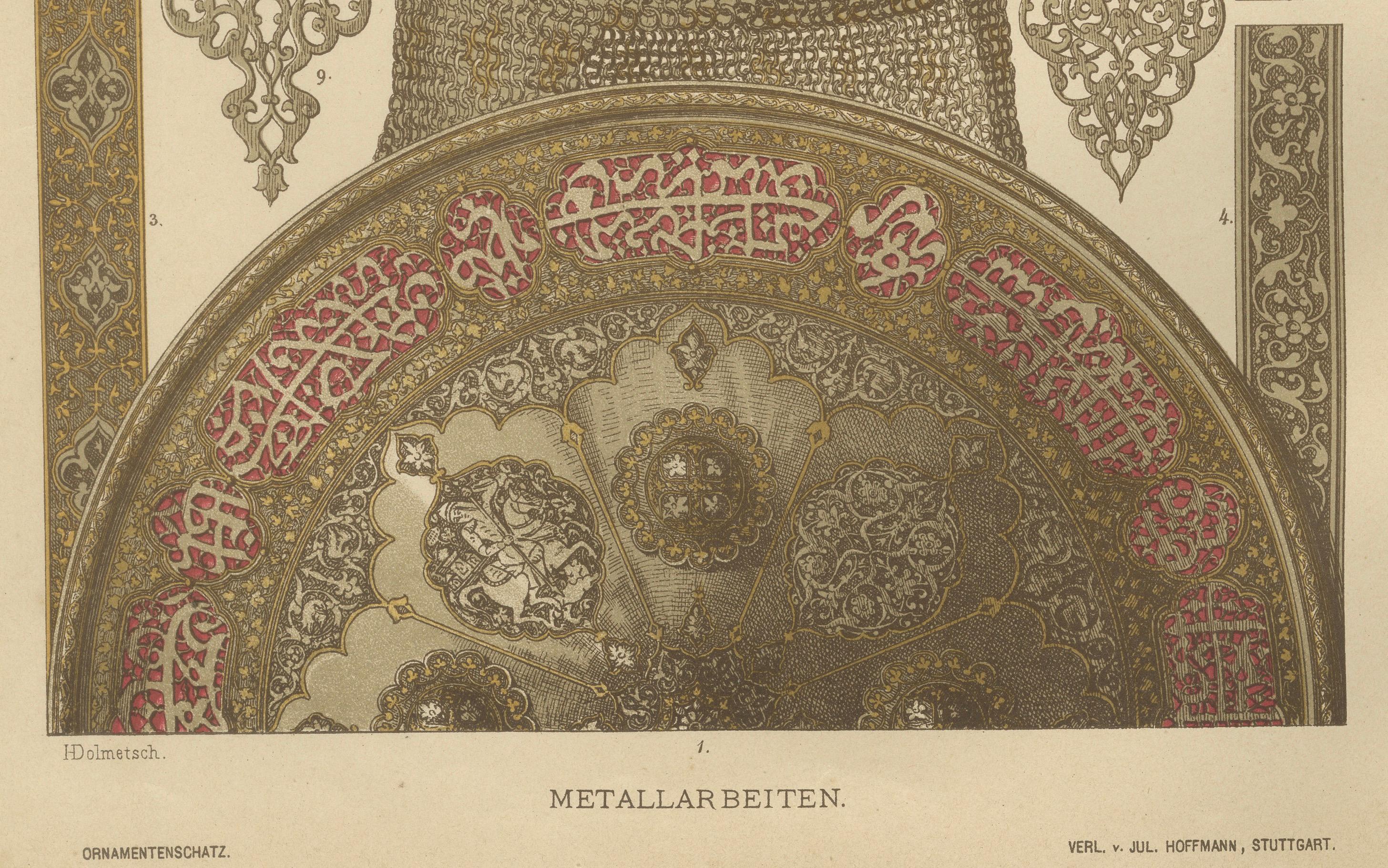 Antique Persian Metalwork Print Featuring Armour and Islamic Ornamentation, 1887 In Good Condition For Sale In Langweer, NL