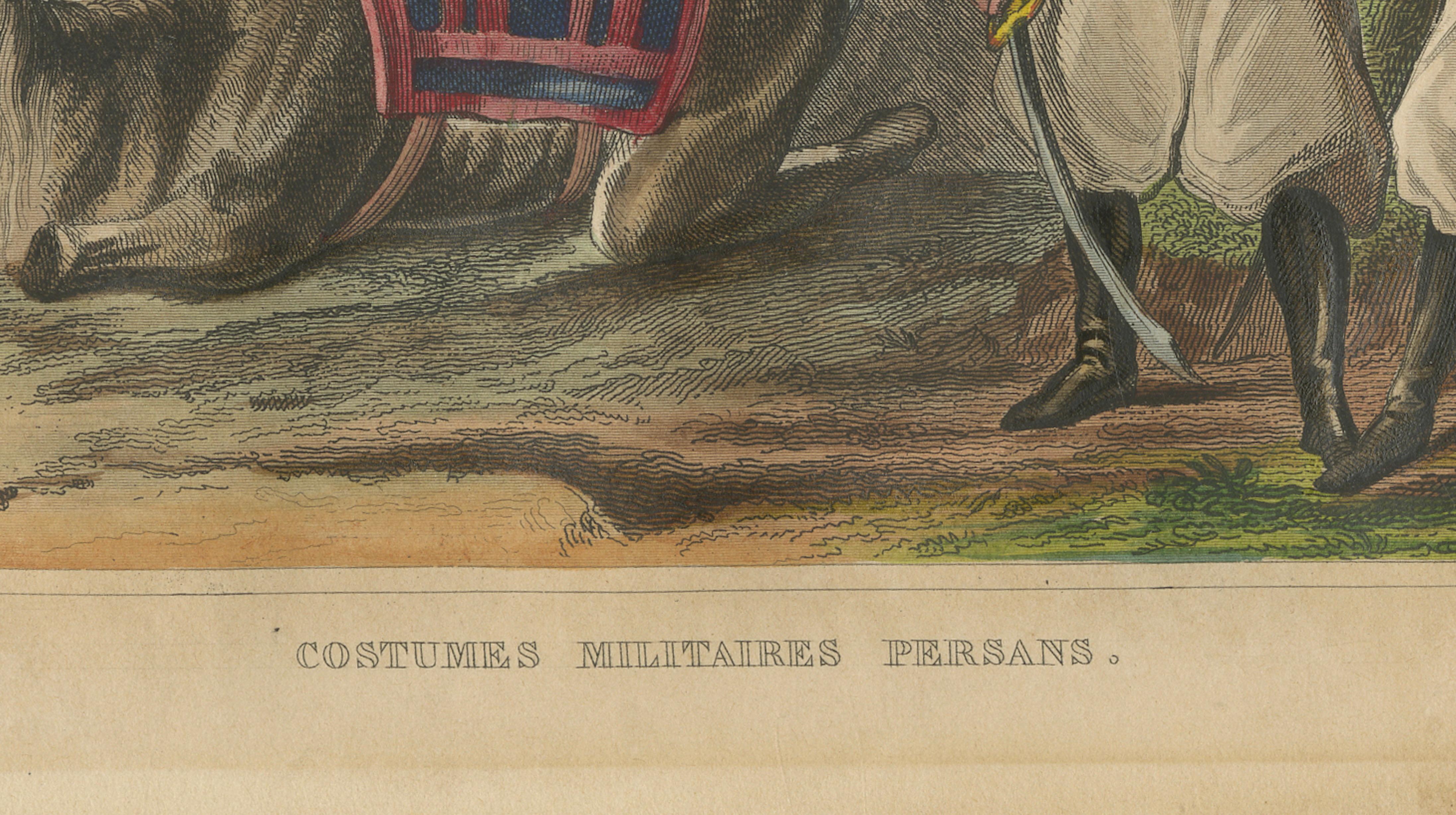 Antique Persian Military Scene with Camel, Hand-Colored Engraving c1820