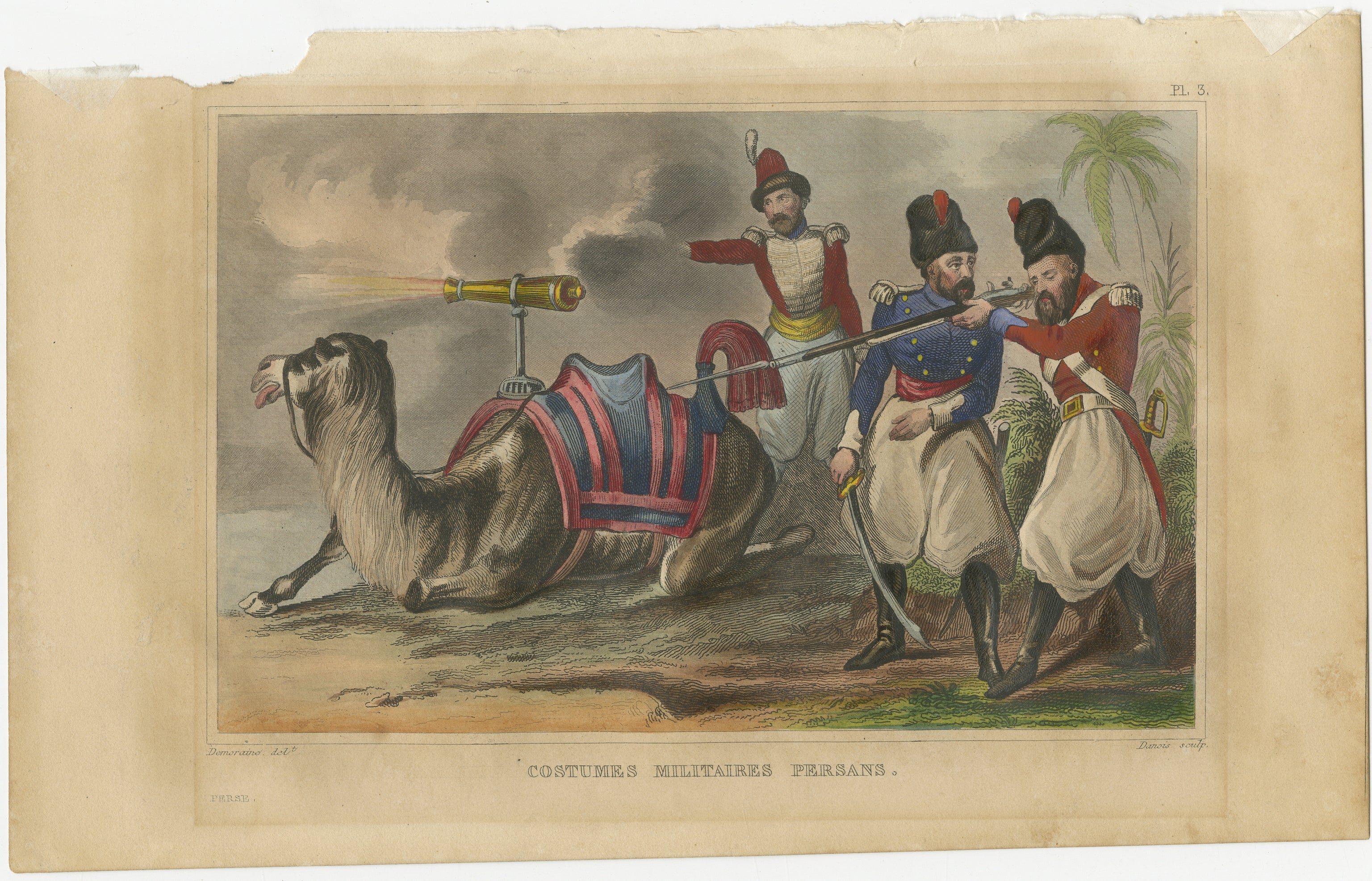 Antique Persian Military Scene with Camel, Hand-Colored Engraving c1820