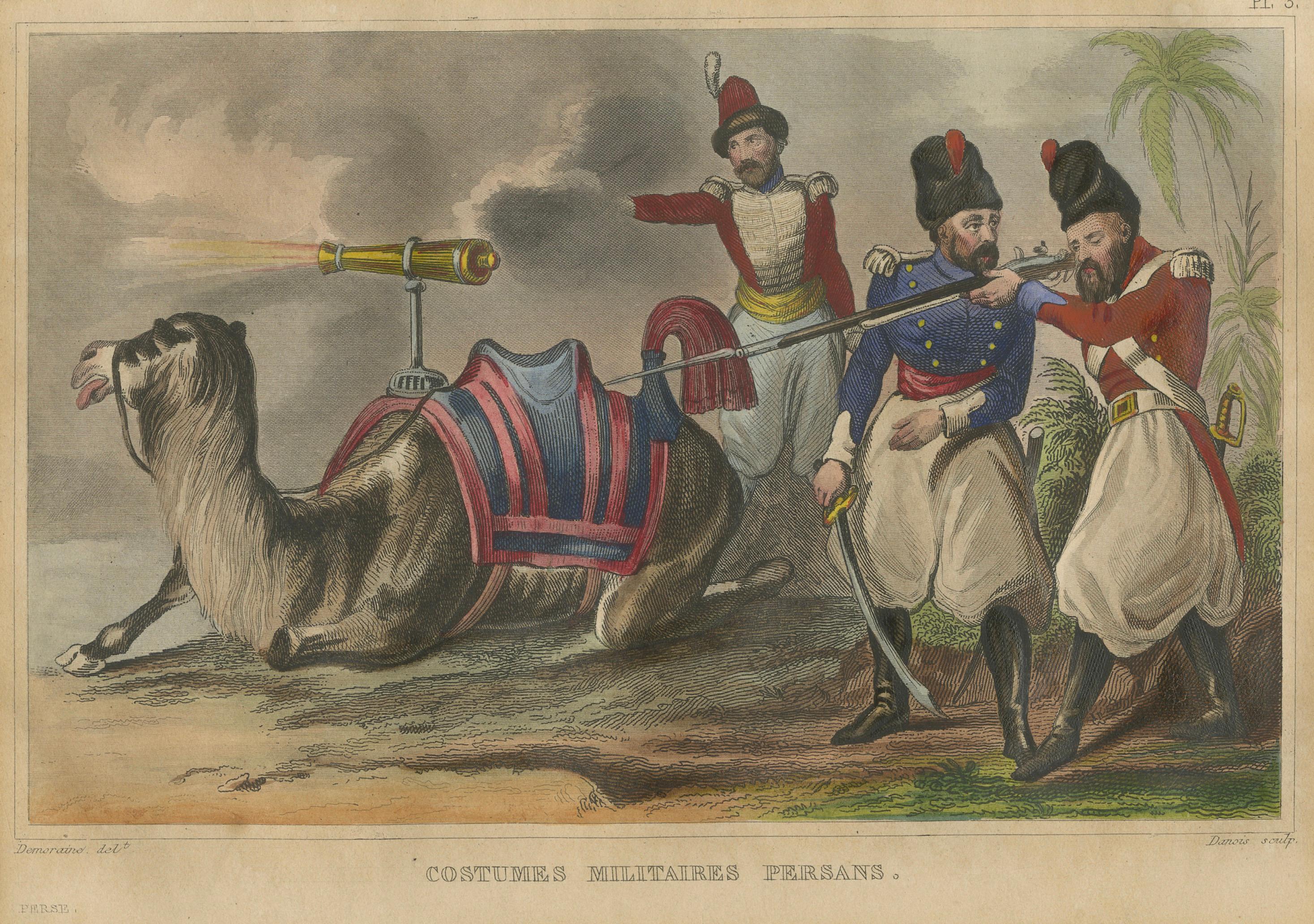 Antique Persian Military Scene with Camel, Hand-Colored Engraving c1820