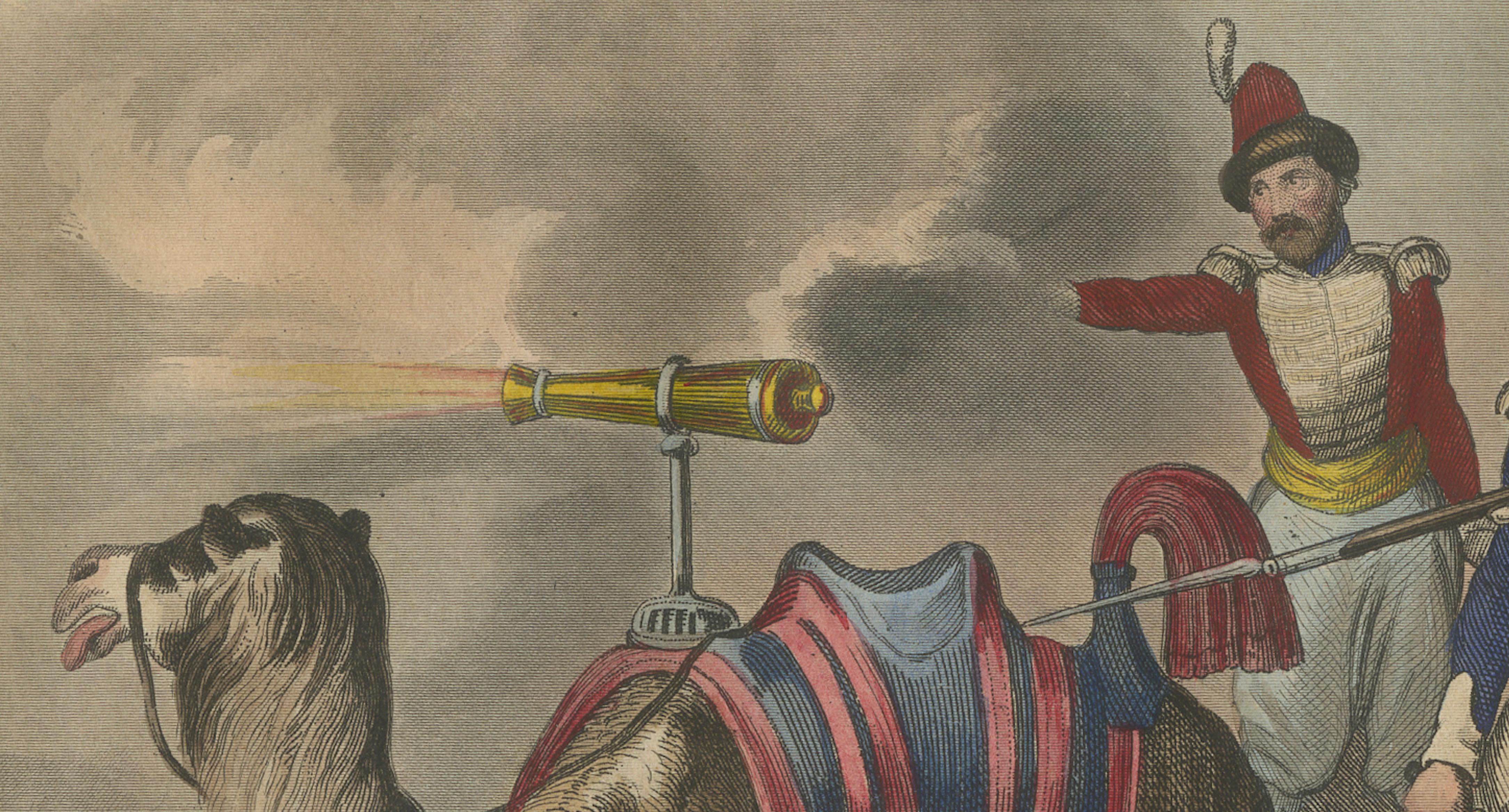 Antique Persian Military Scene with Camel, Hand-Colored Engraving c1820