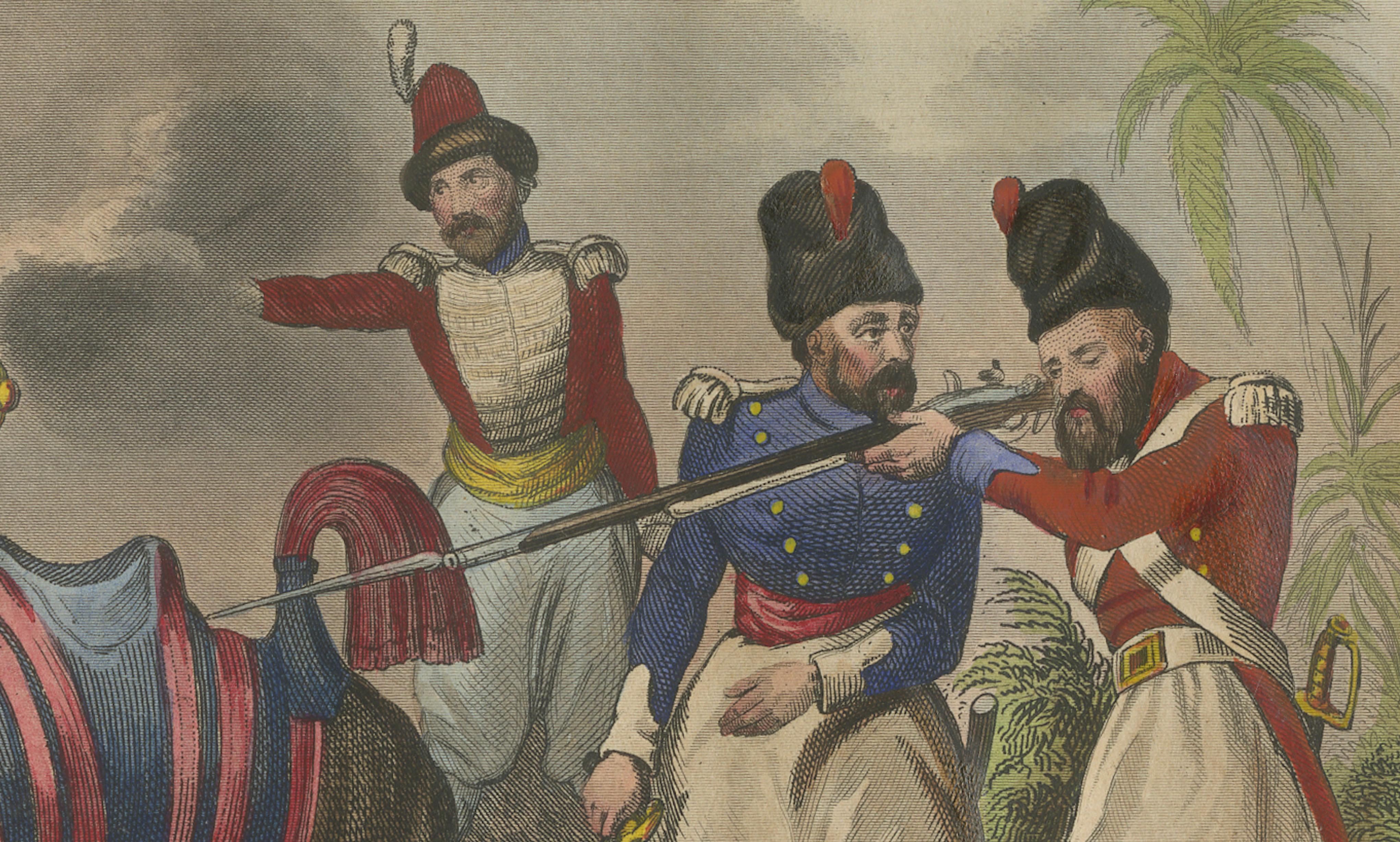Antique Persian Military Scene with Camel, Hand-Colored Engraving c1820