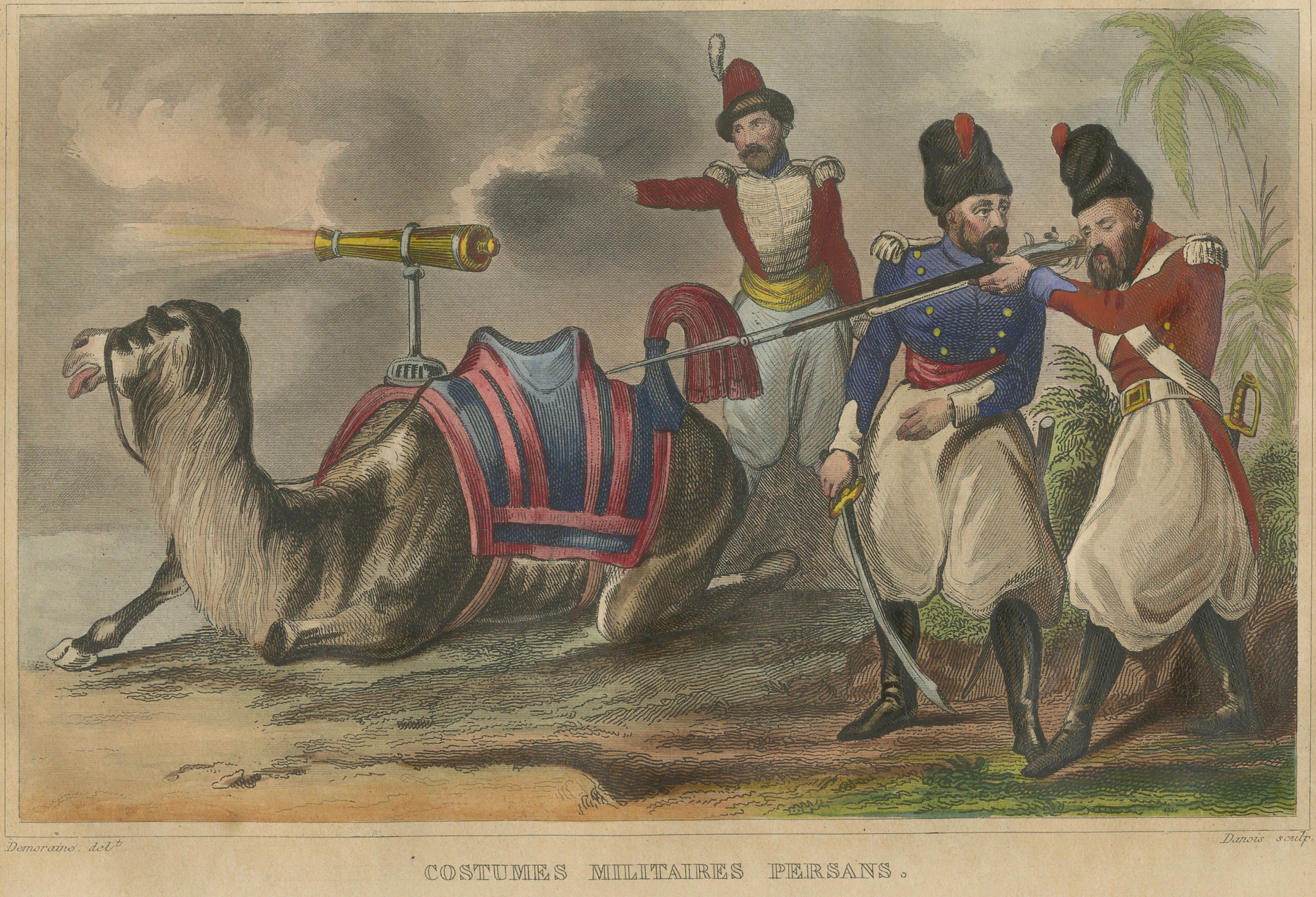 Antique Persian Military Scene with Camel, Hand-Colored Engraving c1820