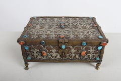 Antique Persian Mixed Metal Ornate Jeweled Box / Casket with Turquoise & Coral