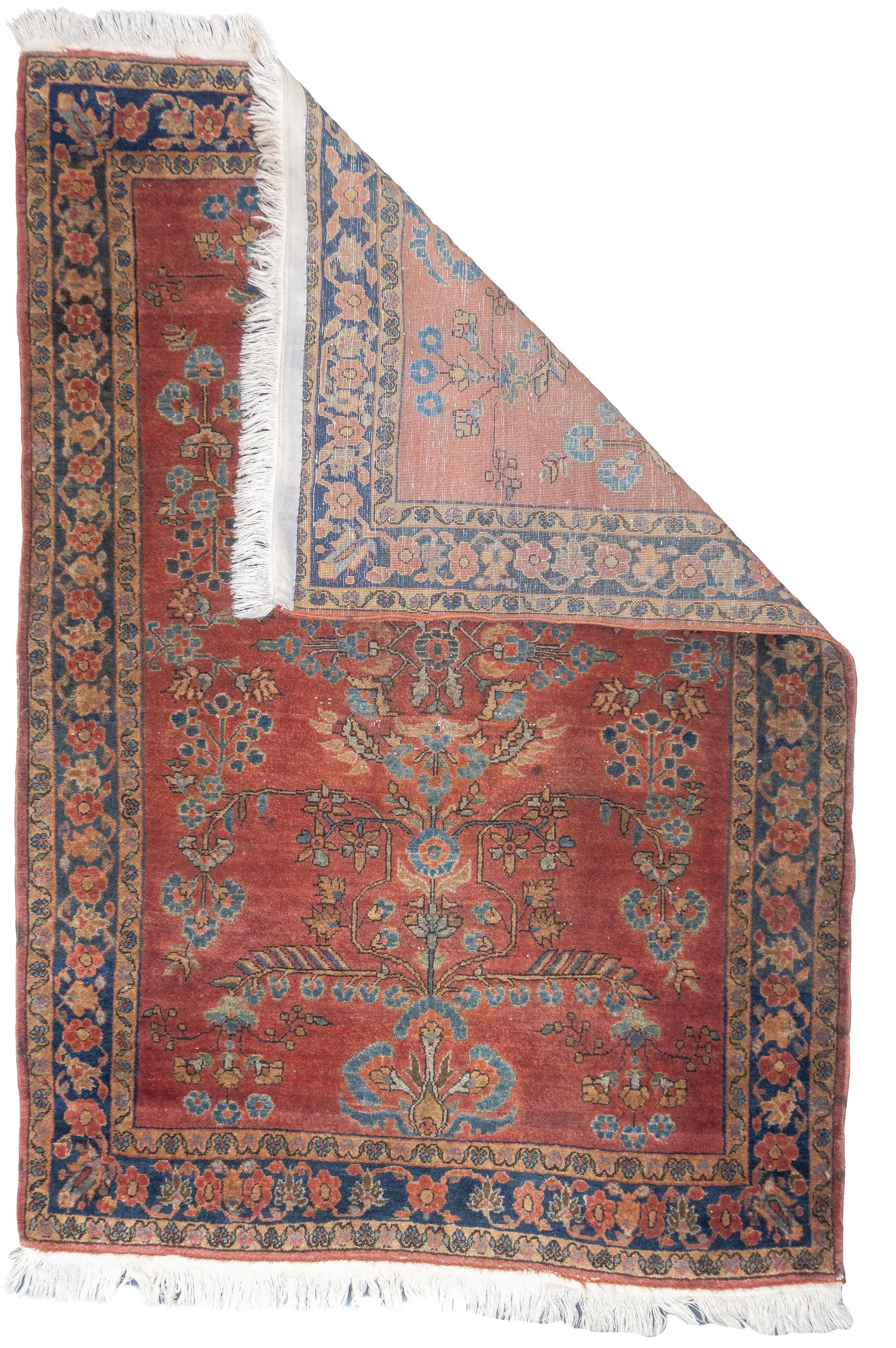 Antique Persian Mohajeran Sarouk Rug 3'3'' x 4'8''. Mohajeran is a village in the larger Sarouk district, reputed, especially in the pre-WWII period, to have woven the best quality Sarouks, often on blue grounds. Term has generally been extended to