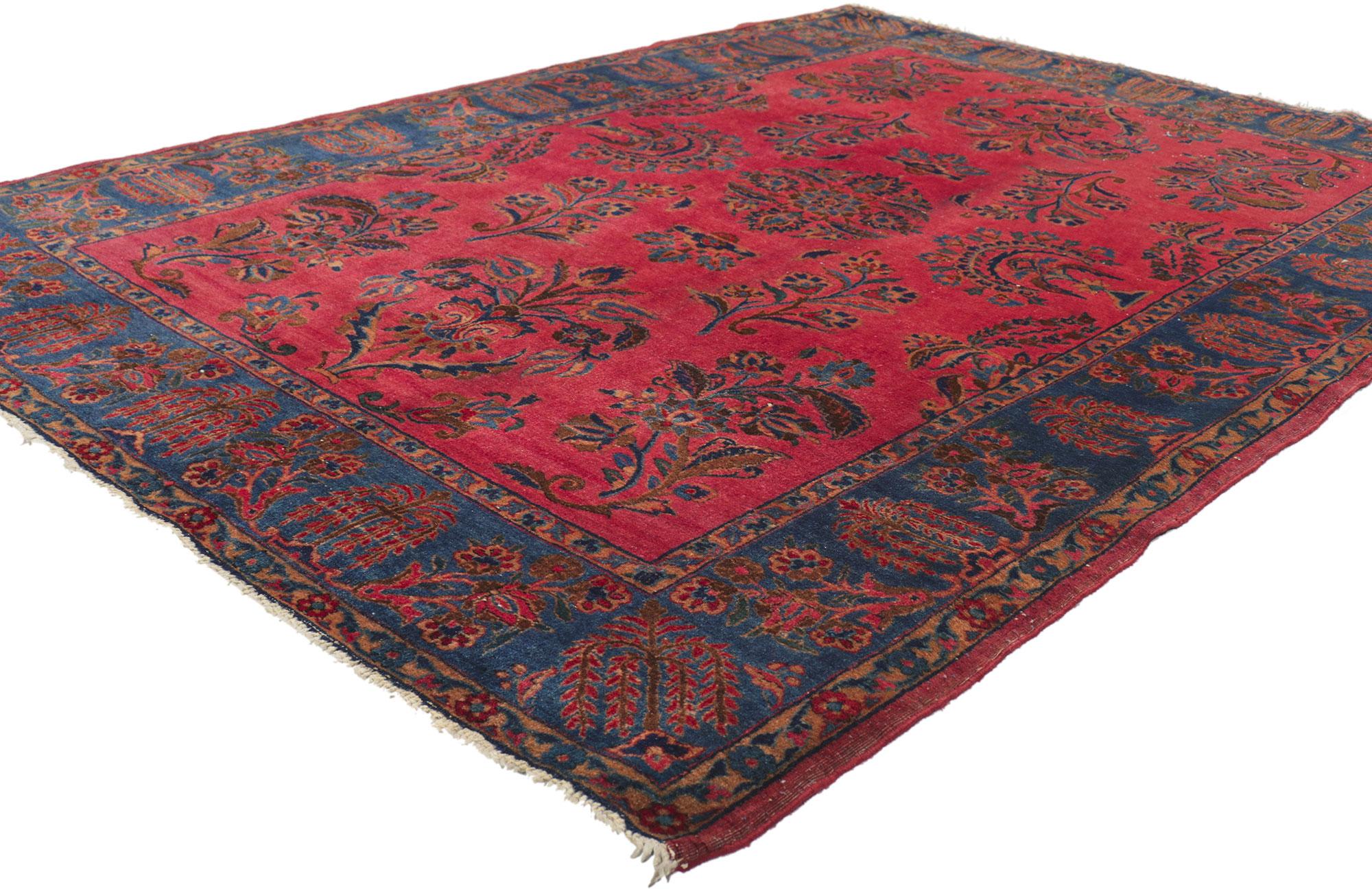?78451 Antique Persian Mohajeran Sarouk rug, 04'06 x 06'03. With its timeless design, incredible detail and texture, this hand-knotted wool antique Persian Mohajeran rug is poised to impress. The eye-catching stylized floral pattern and saturated