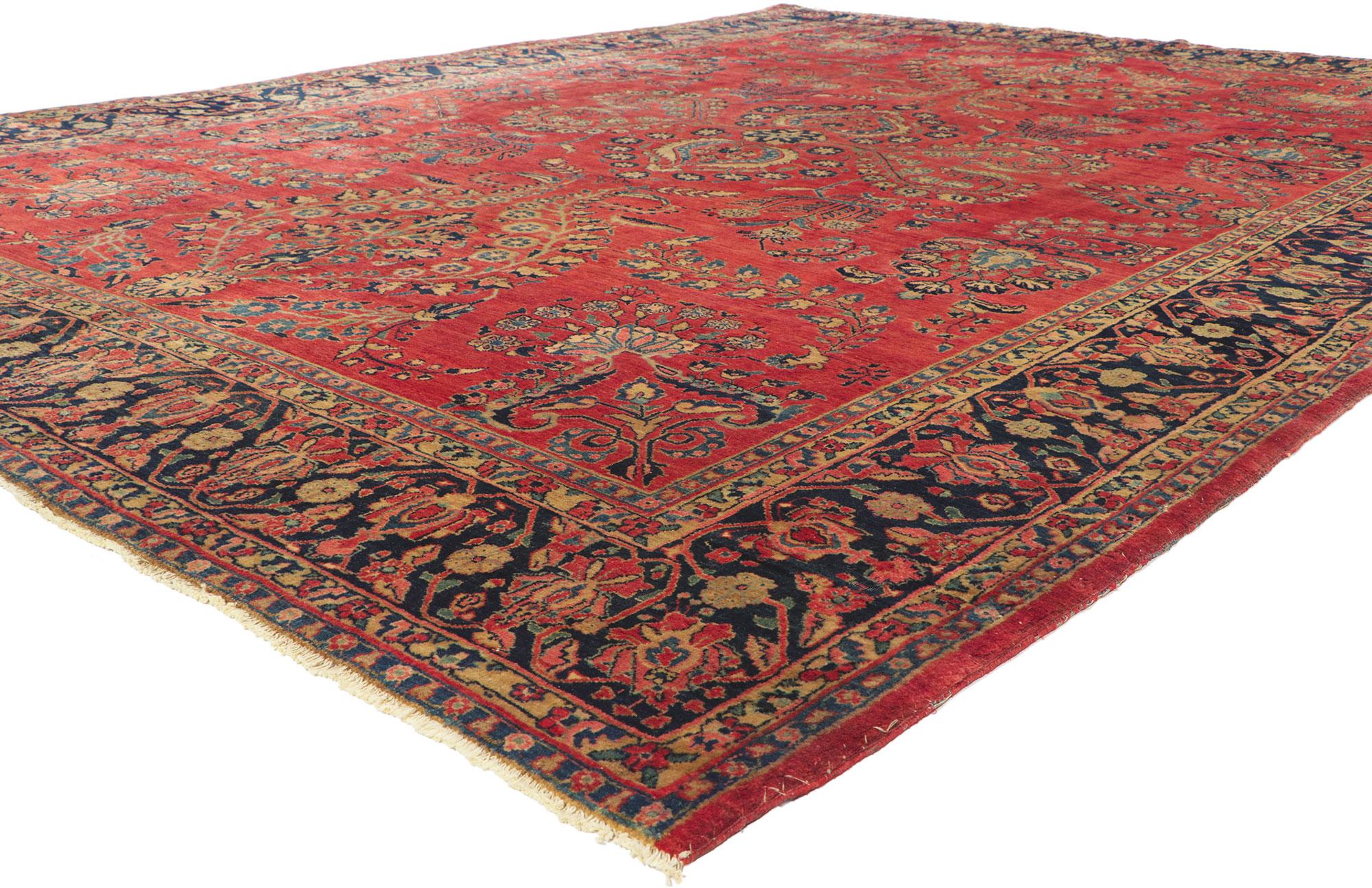 78525 Antique Persian Mohajeran Sarouk Rug, 08'09 x 11'09. Emating traditional style with incredible detail and texture, this hand knotted antique Persian Mohajeran Sarouk rug is a captivating vision of woven beauty. The timeless design and rich