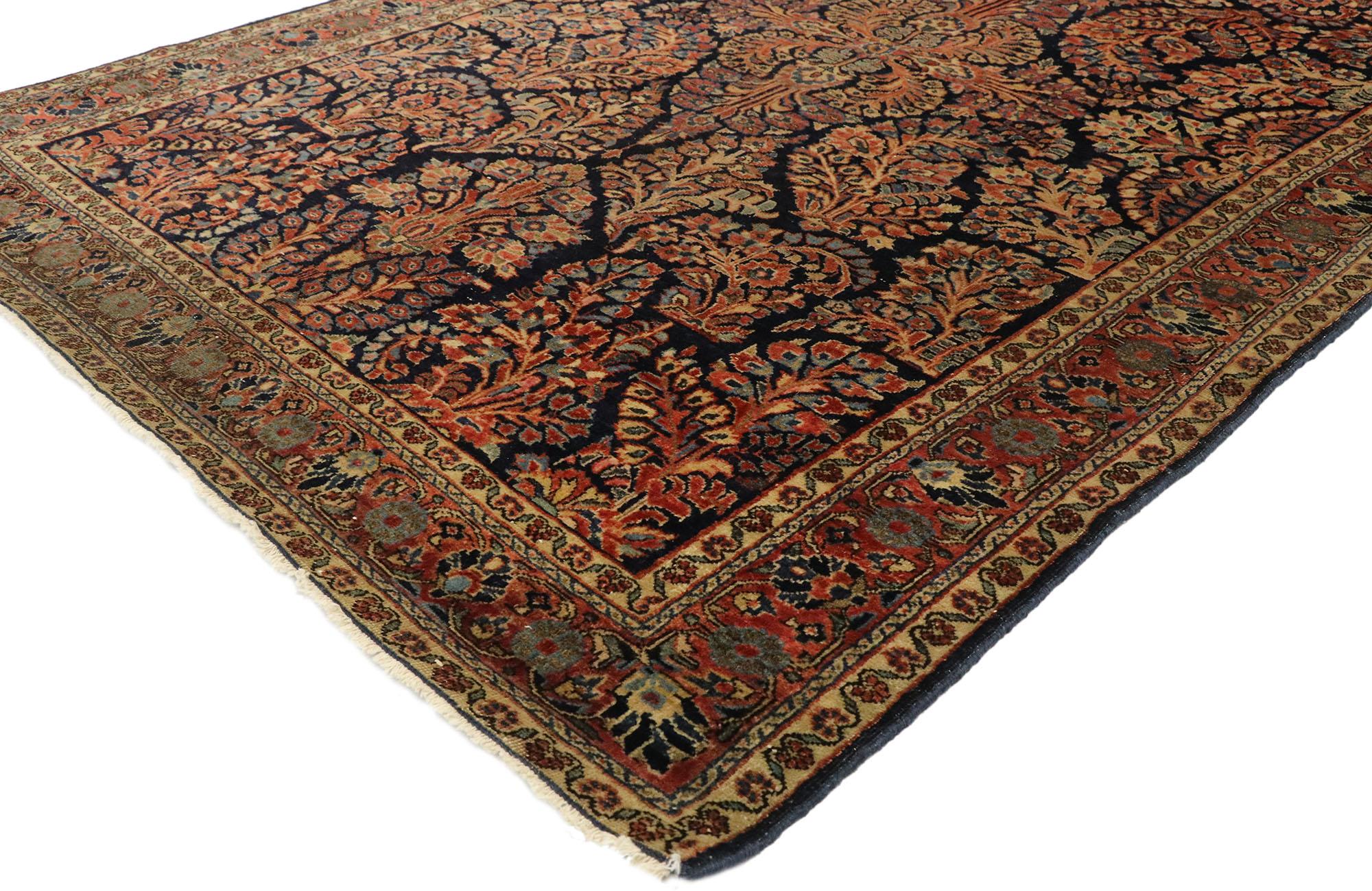 77460, distressed antique Persian Mohajeran Sarouk rug with French Baroque Victorian style, small accent rug. Sure to captivate the most discerning aesthete, this hand knotted wool distressed antique Persian Mohajeran Sarouk rug is the epitome of