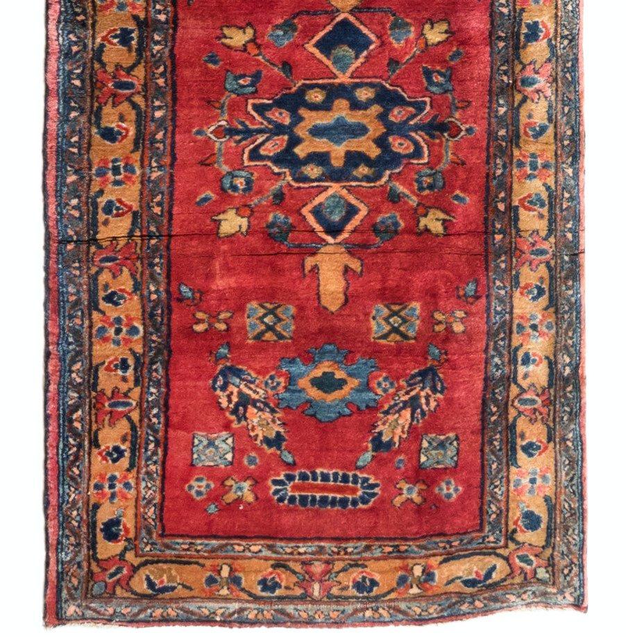 Sarouk Farahan Antique Red Blue Tribal Geometric Persian Mohajeran Sarouk Runner Rug, c. 1920s For Sale