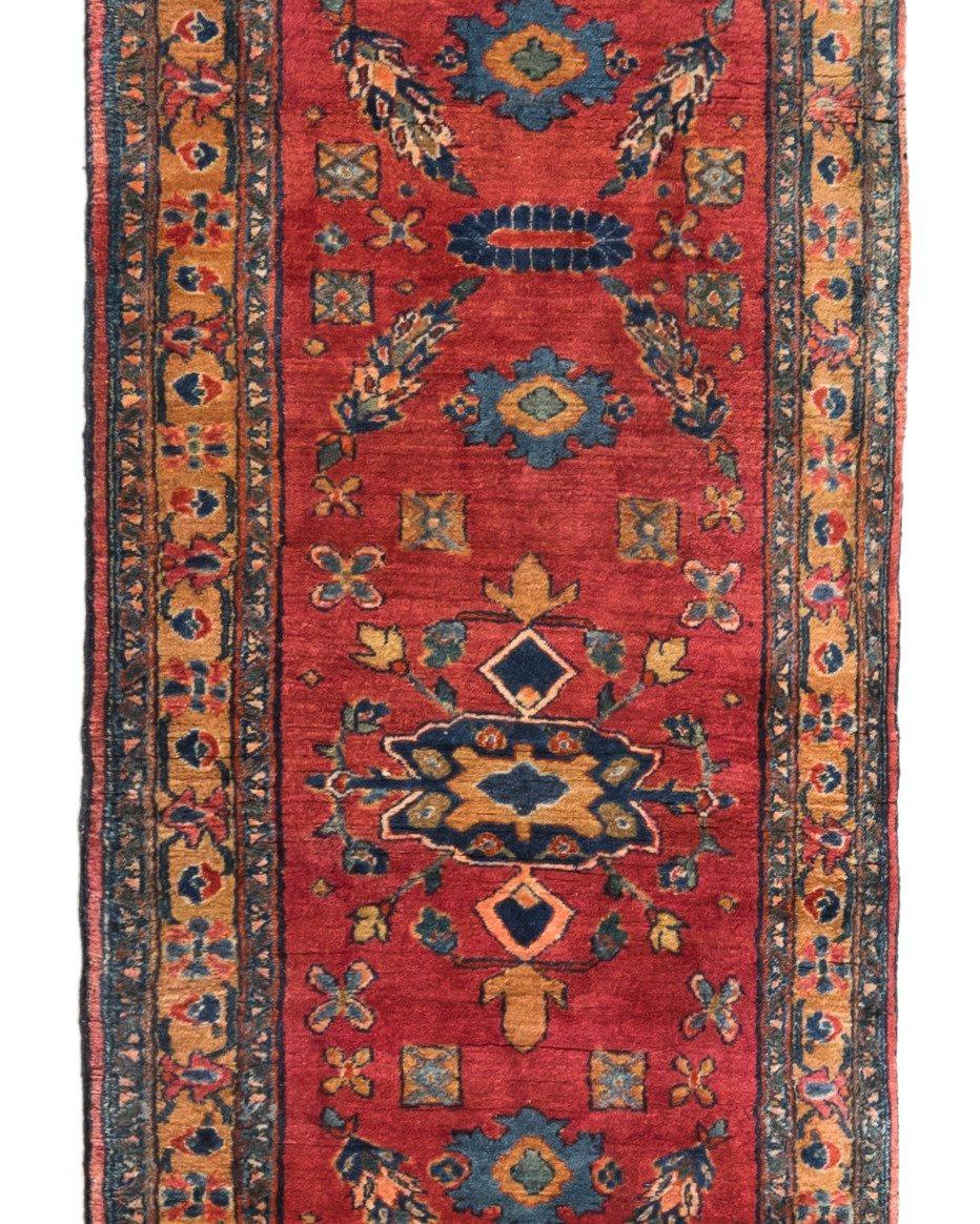 Asian Antique Red Blue Tribal Geometric Persian Mohajeran Sarouk Runner Rug, c. 1920s For Sale