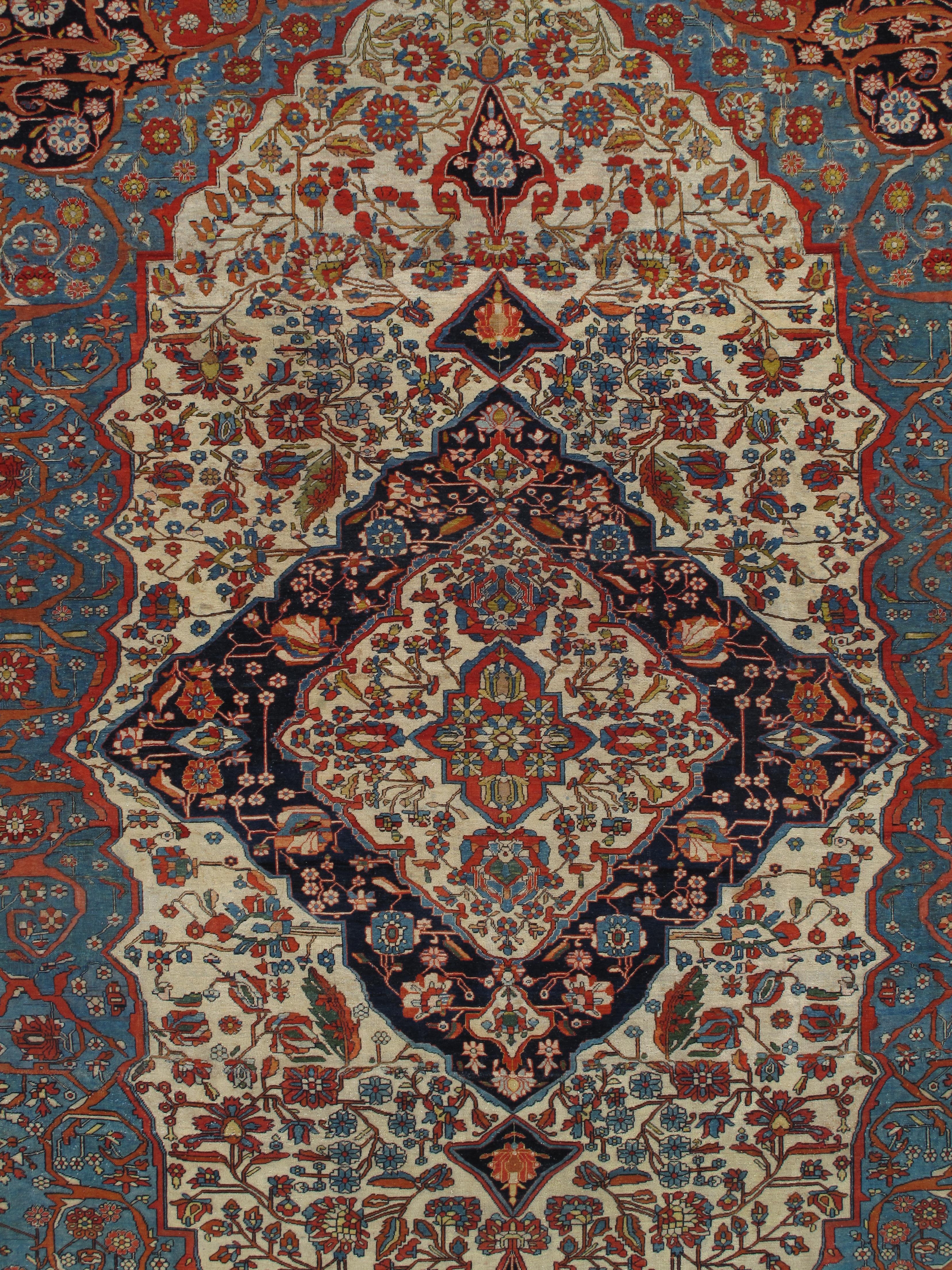 Tapis persan Mohtasham Kashan ancien, fond ivoire, bordure ivoire, bleu, vert en vente 3