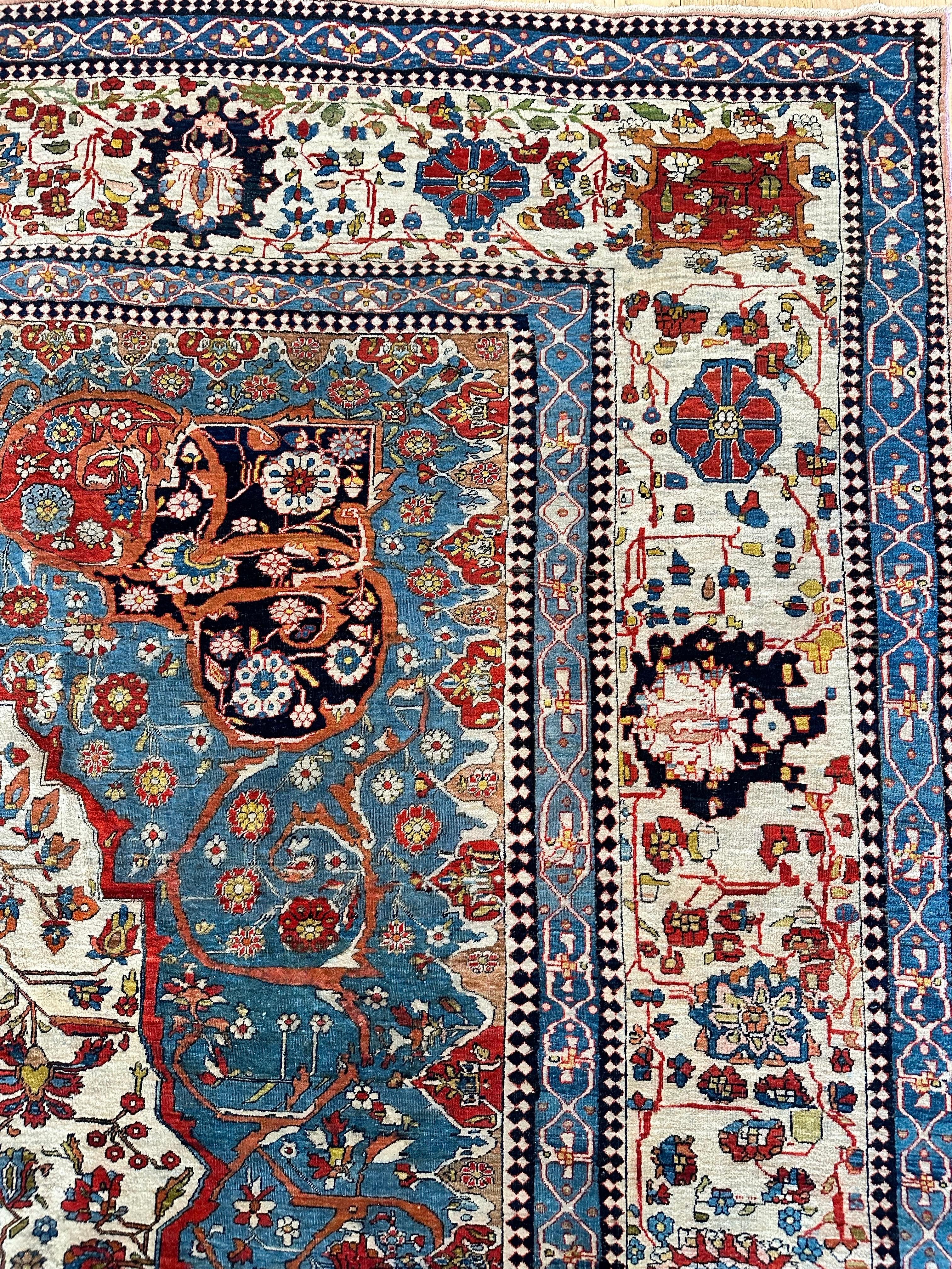 Tapis persan Mohtasham Kashan ancien, fond ivoire, bordure ivoire, bleu, vert en vente 5