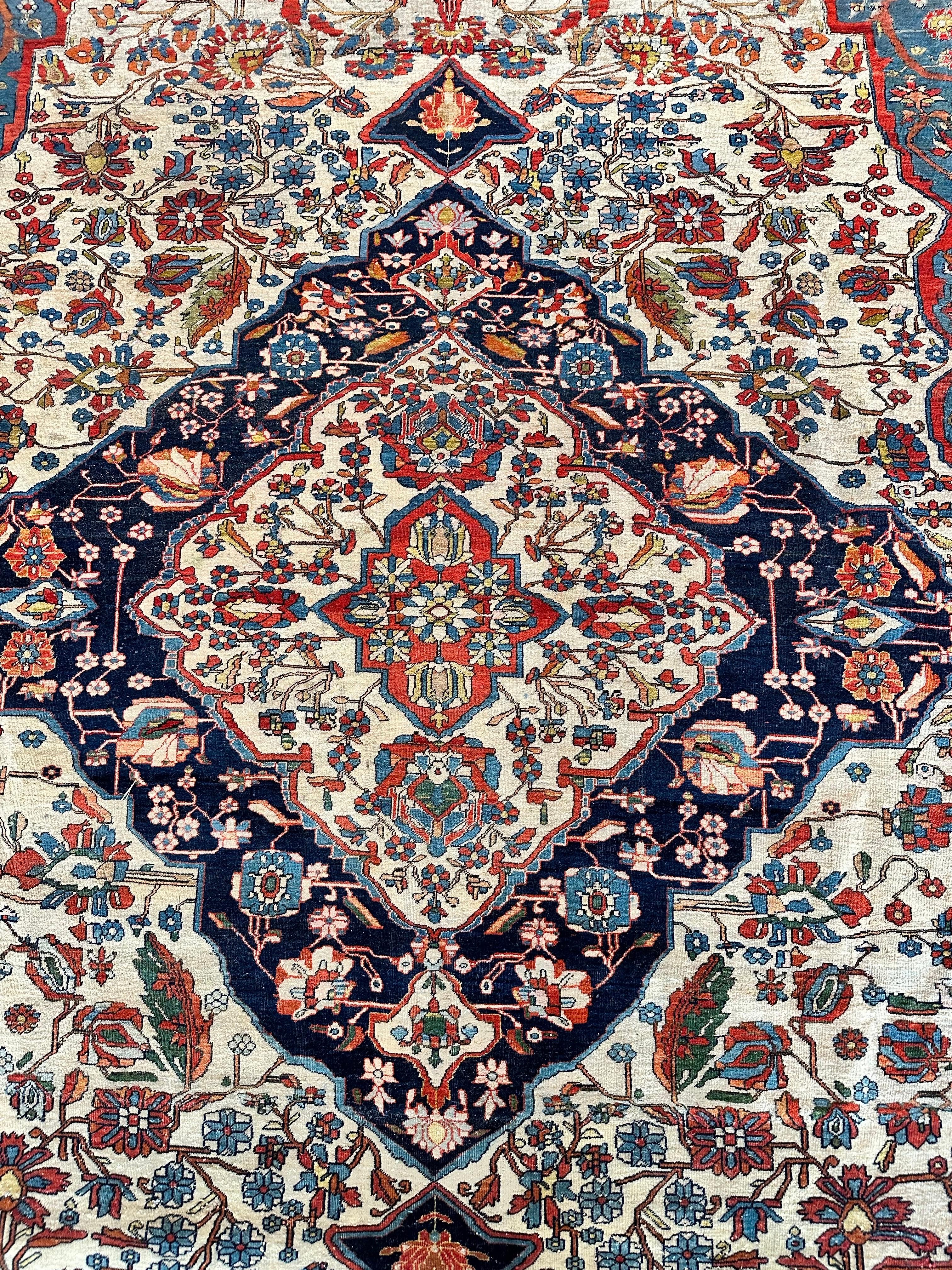 Tapis persan Mohtasham Kashan ancien, fond ivoire, bordure ivoire, bleu, vert en vente 6