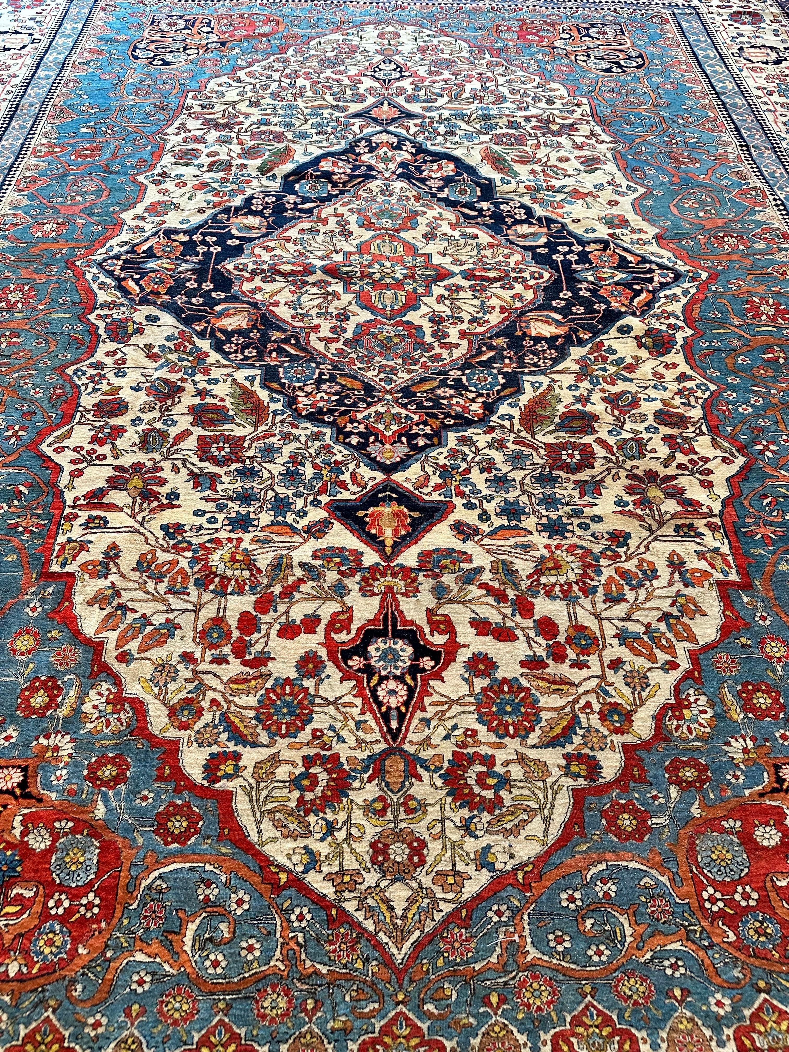 Tapis persan Mohtasham Kashan ancien, fond ivoire, bordure ivoire, bleu, vert en vente 7