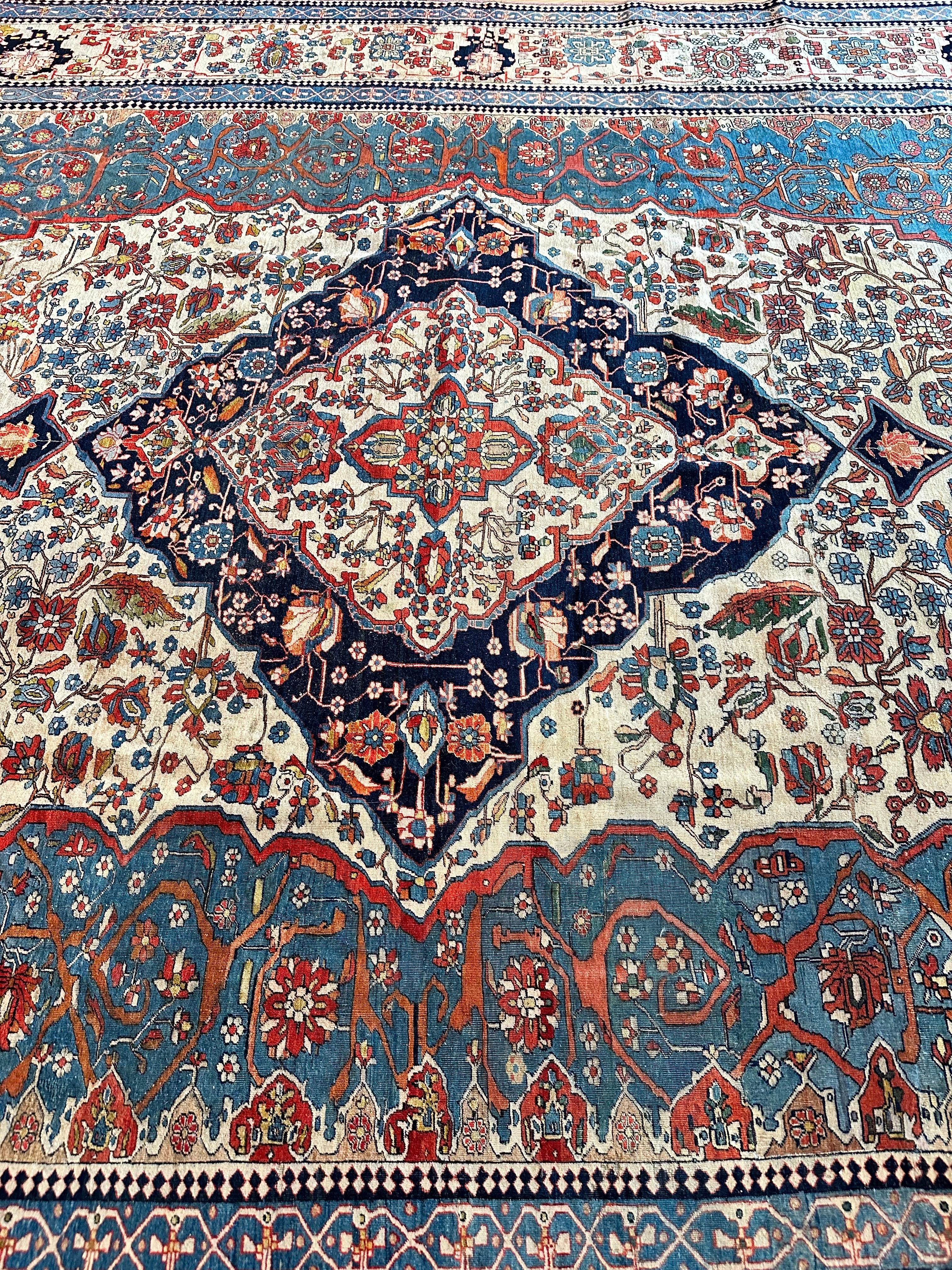 Tapis persan Mohtasham Kashan ancien, fond ivoire, bordure ivoire, bleu, vert en vente 8