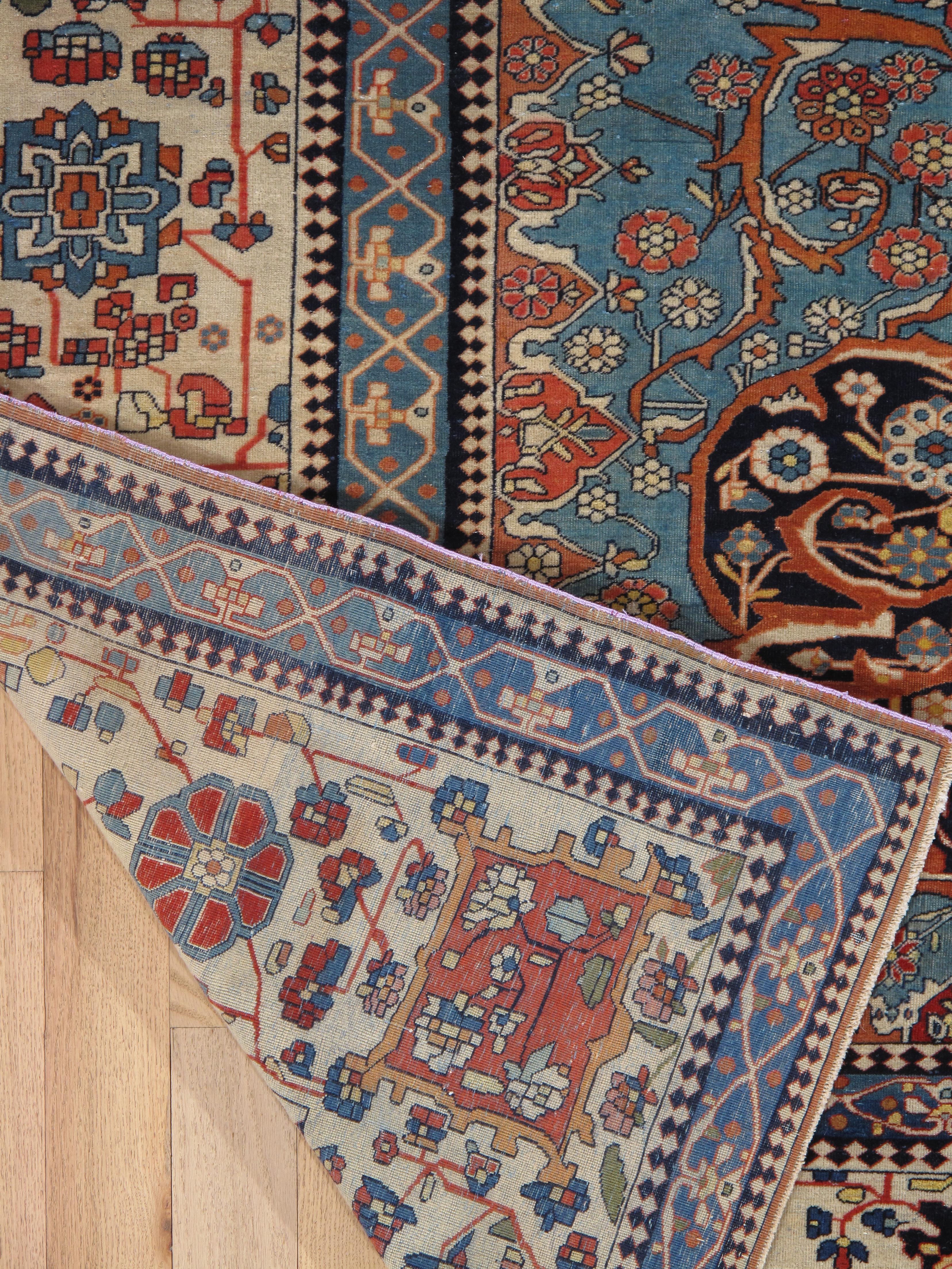 Tapis persan Mohtasham Kashan ancien, fond ivoire, bordure ivoire, bleu, vert en vente 9