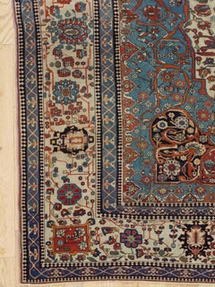 Antique Persian Mohtasham Kashan Carpet, Ivory ground, Ivory Border, Blue, Green