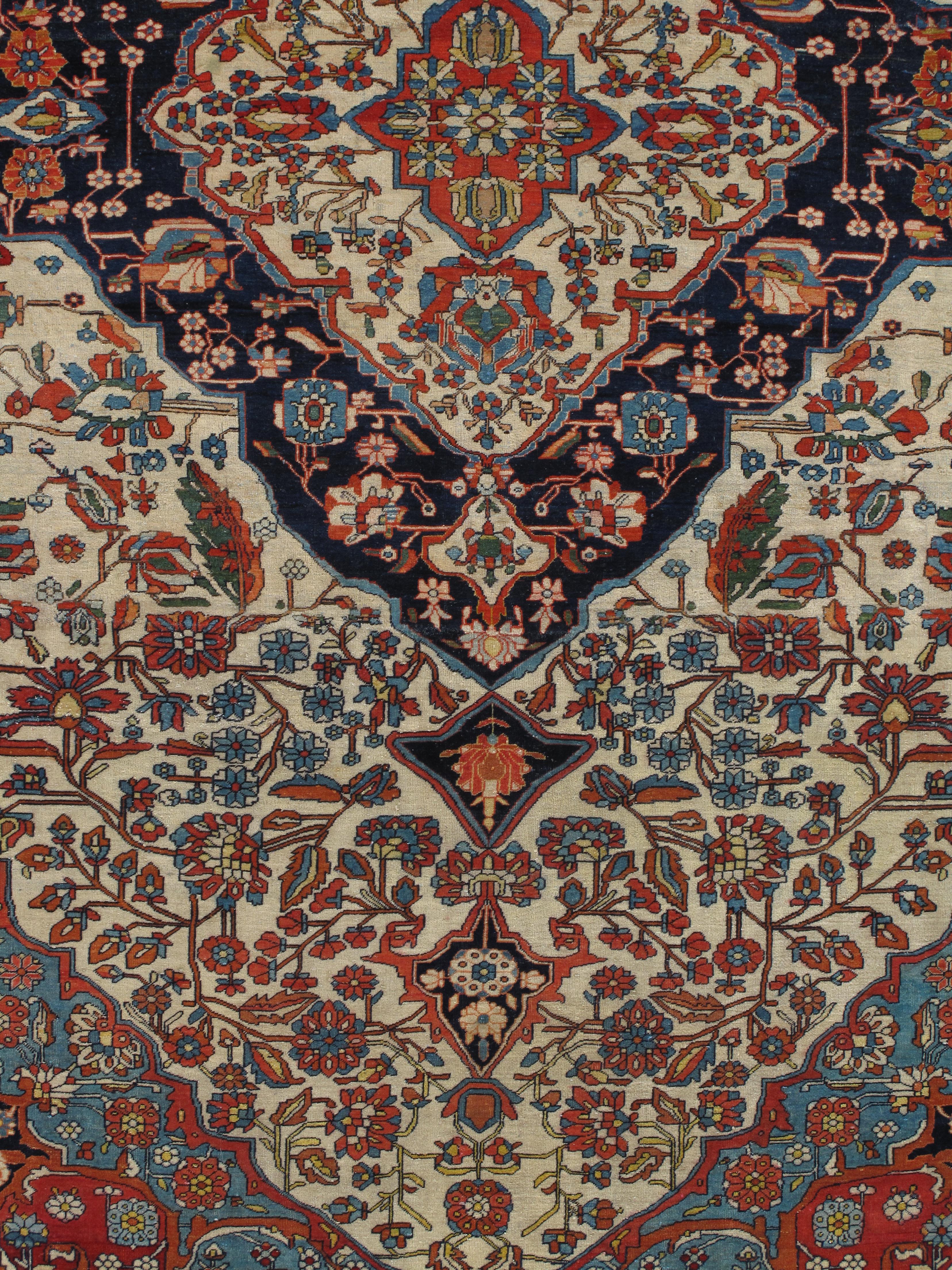 XIXe siècle Tapis persan Mohtasham Kashan ancien, fond ivoire, bordure ivoire, bleu, vert en vente