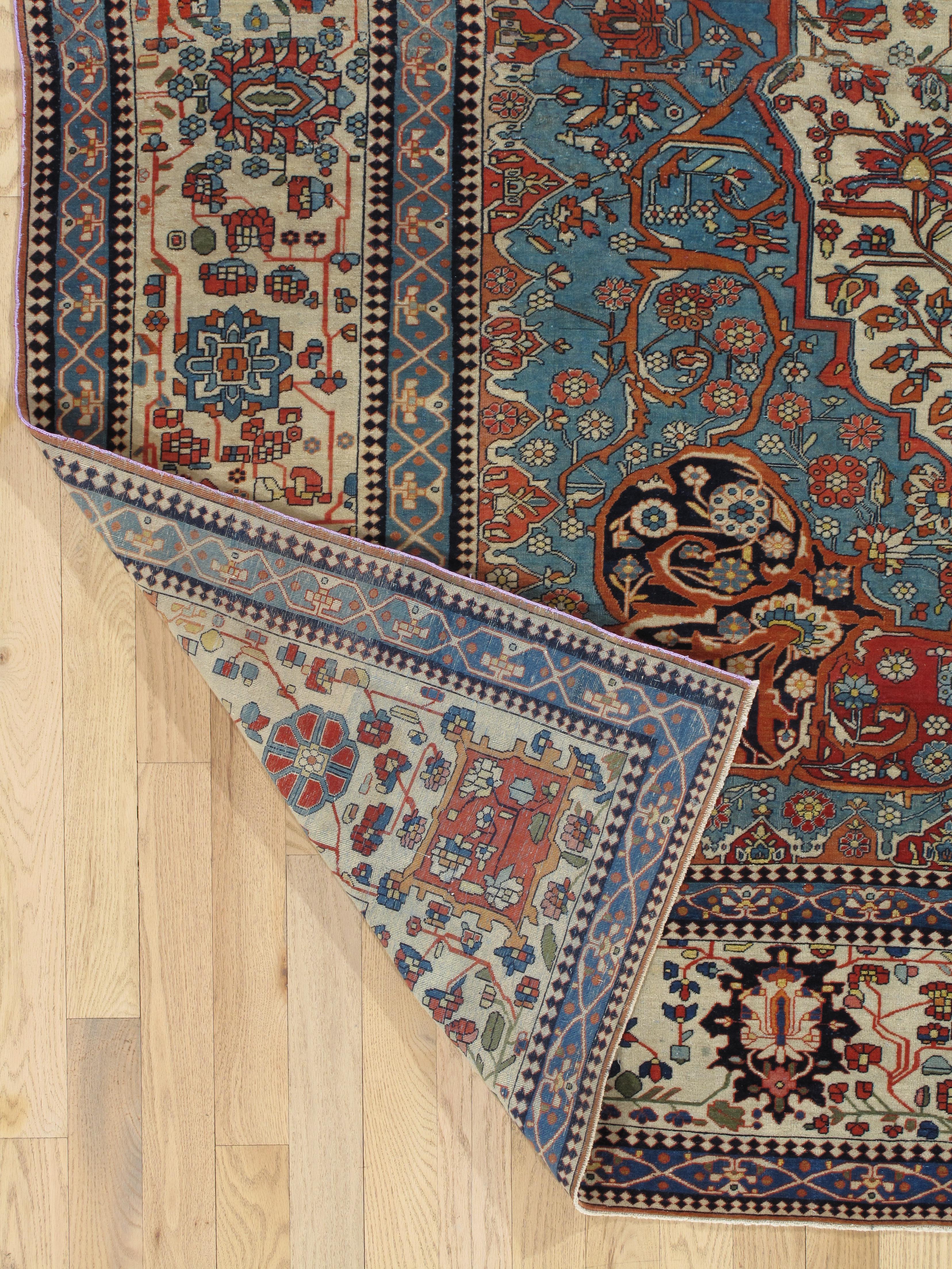 Tapis persan Mohtasham Kashan ancien, fond ivoire, bordure ivoire, bleu, vert en vente 1