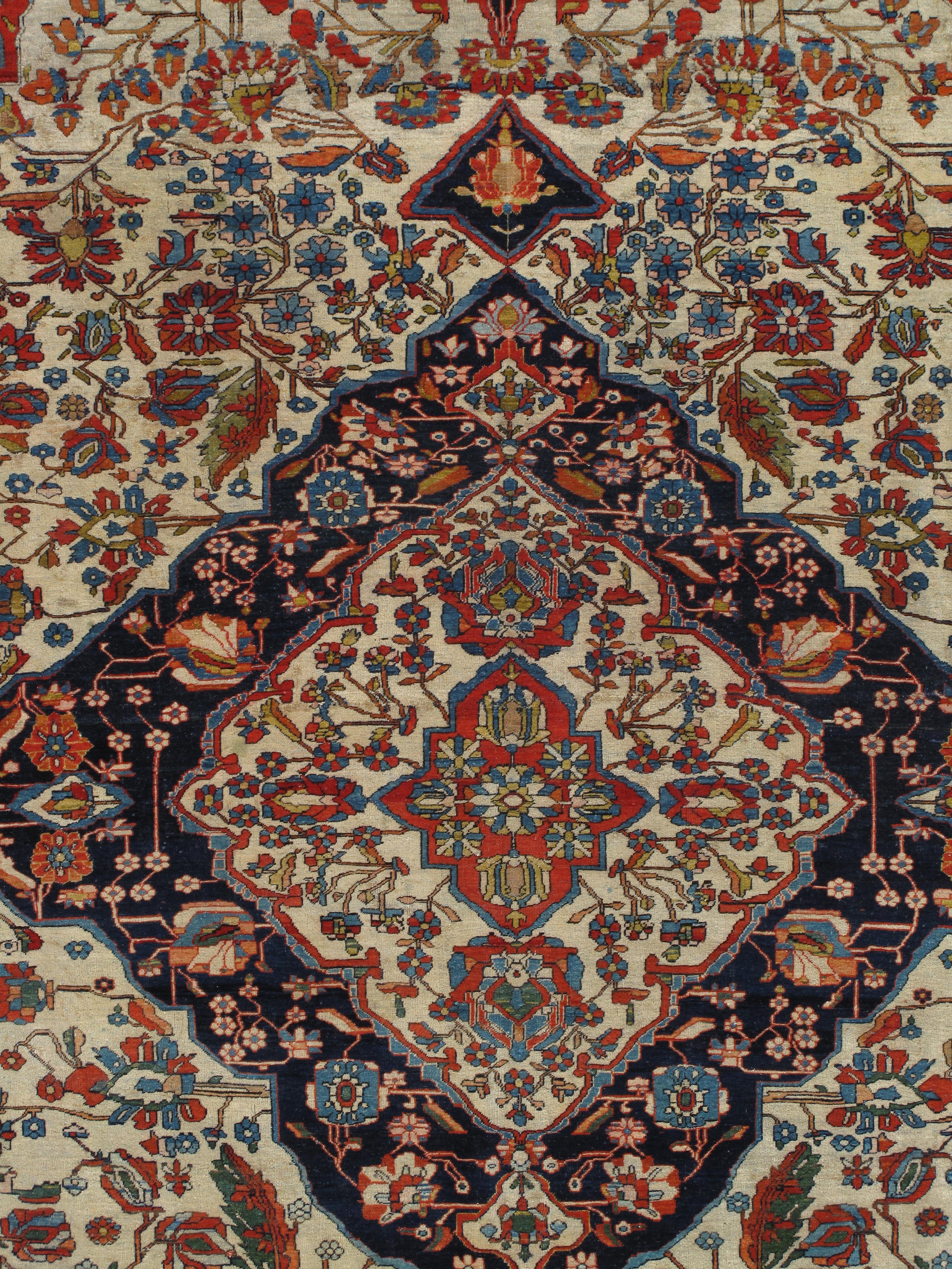 Tapis persan Mohtasham Kashan ancien, fond ivoire, bordure ivoire, bleu, vert en vente 2