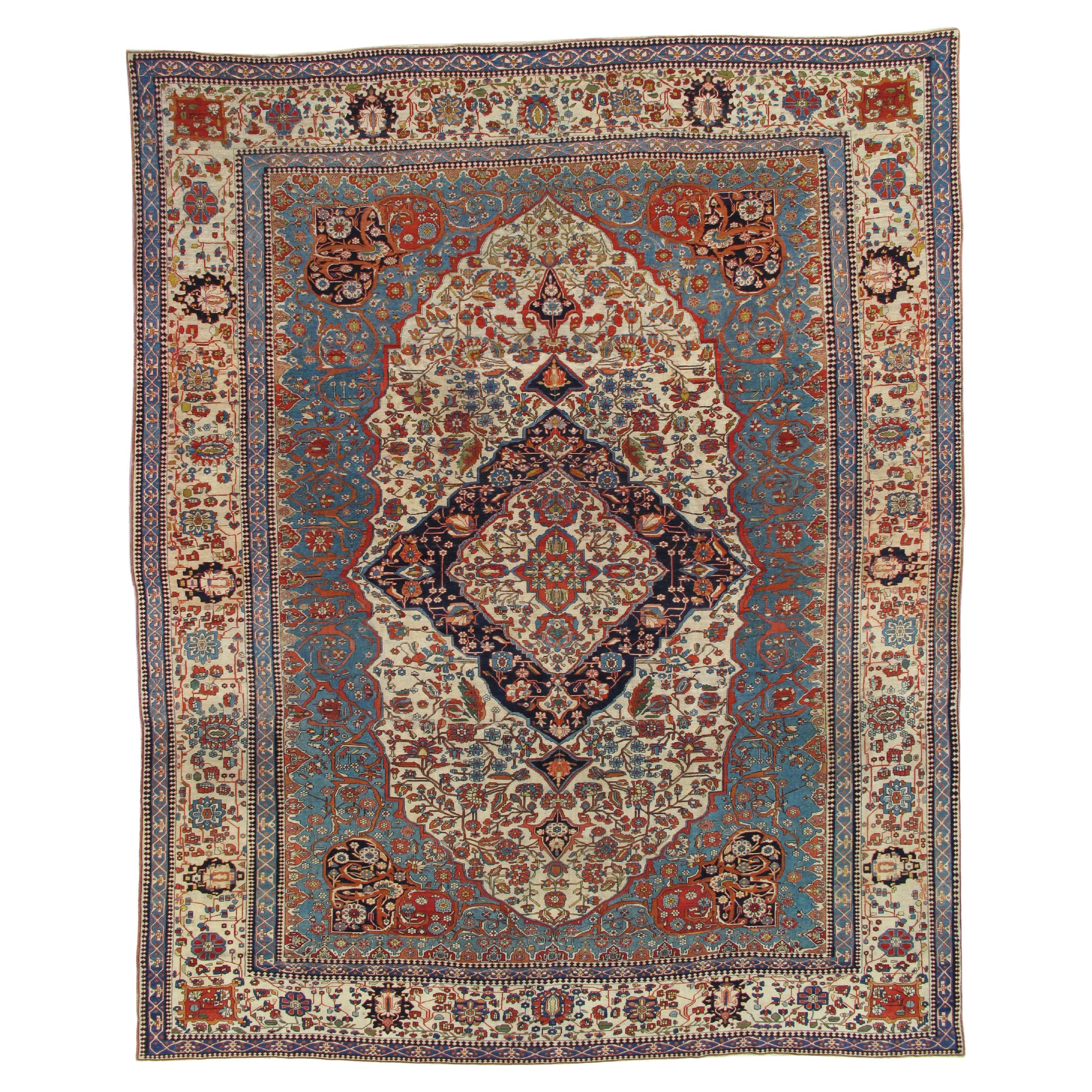 Antique Persian Mohtasham Kashan Carpet, Ivory ground, Ivory Border, Blue, Green