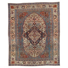 Antiker persischer Mohtasham Kashan-Teppich aus Mohtasham, elfenbeinfarbener Grund, elfenbeinfarbene Bordüre, blau, grün
