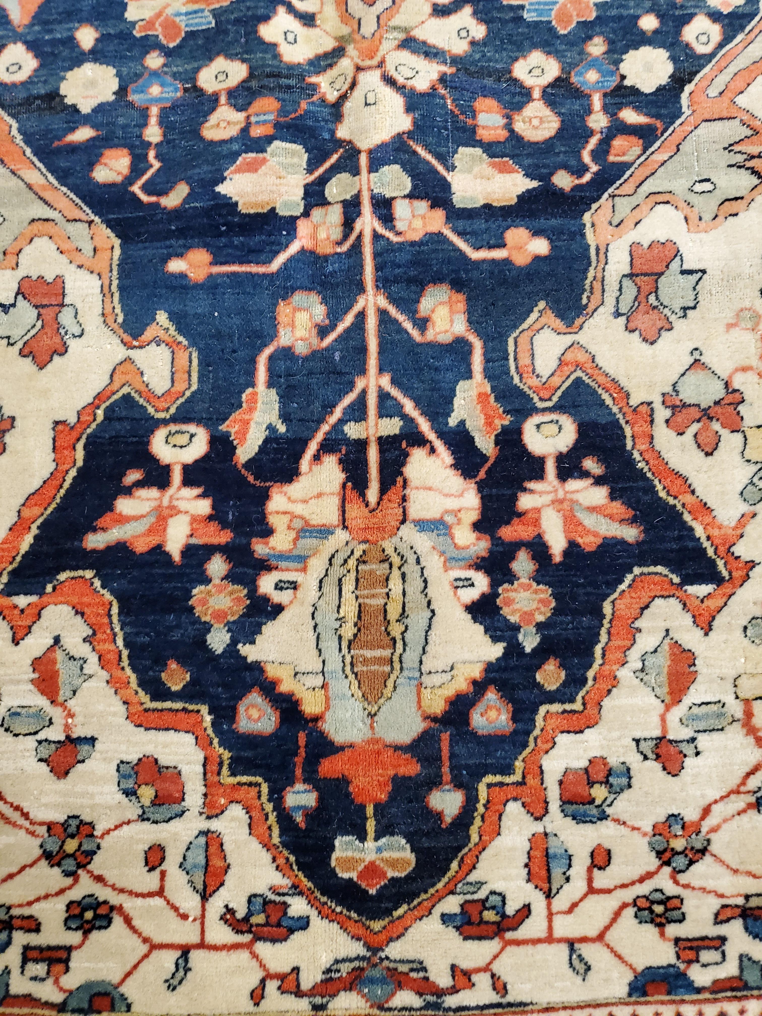 Antique Persian Mohtasham Kashan Carpet, Traditional, Ivory, Blue, Green, Reds 4