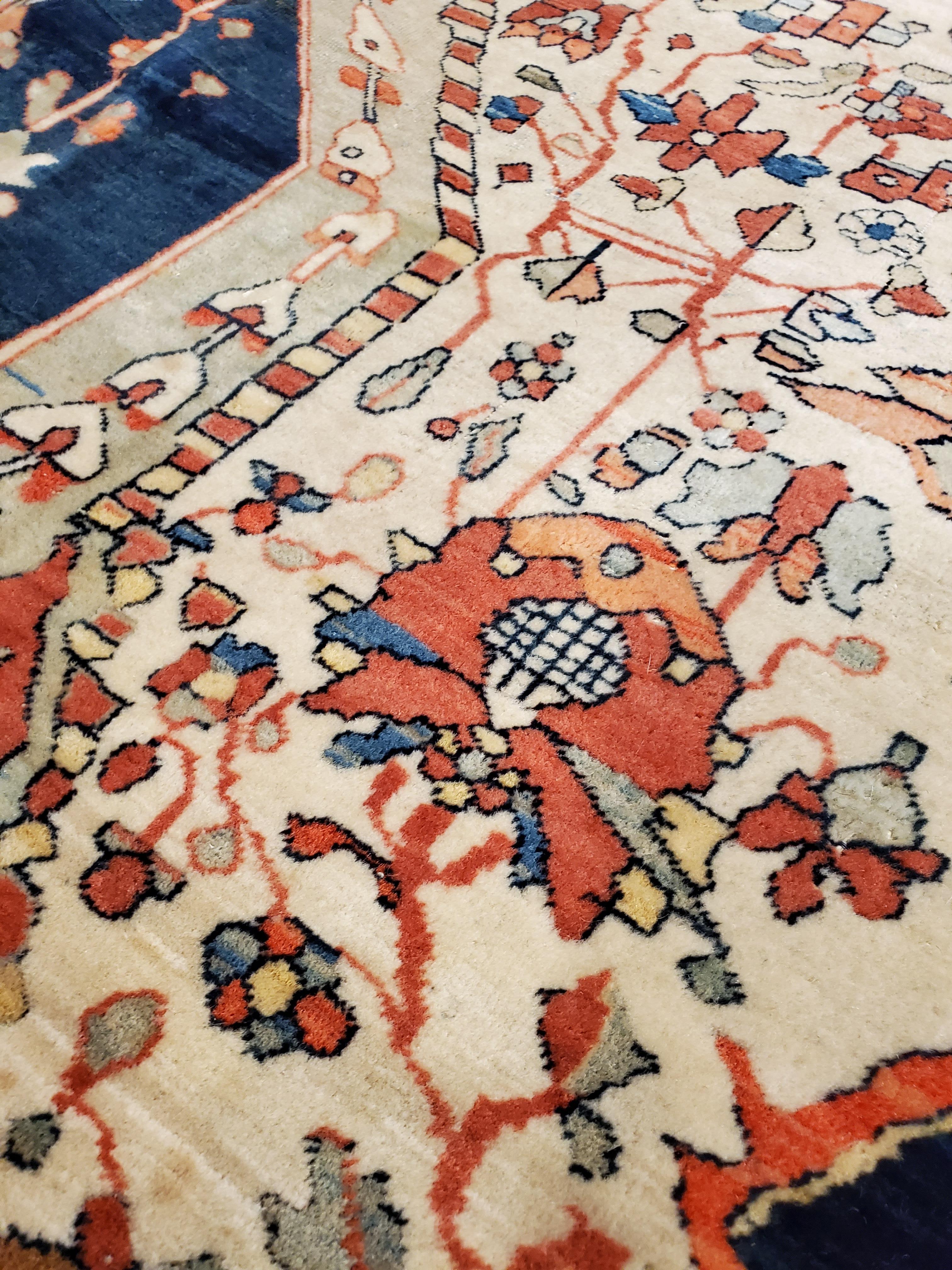 Antique Persian Mohtasham Kashan Carpet, Traditional, Ivory, Blue, Green, Reds 5