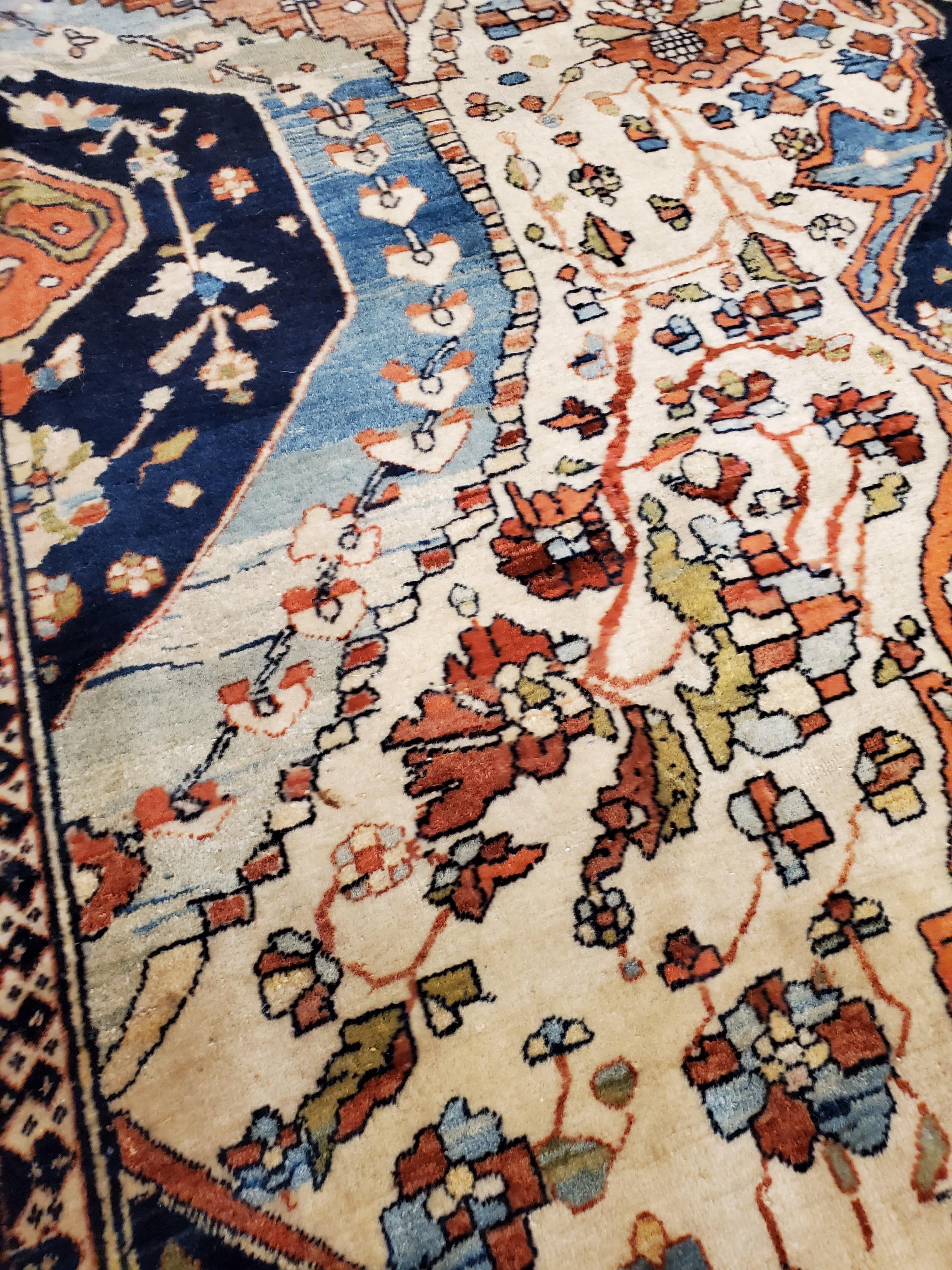 Antique Persian Mohtasham Kashan Carpet, Traditional, Ivory, Blue, Green, Reds 7