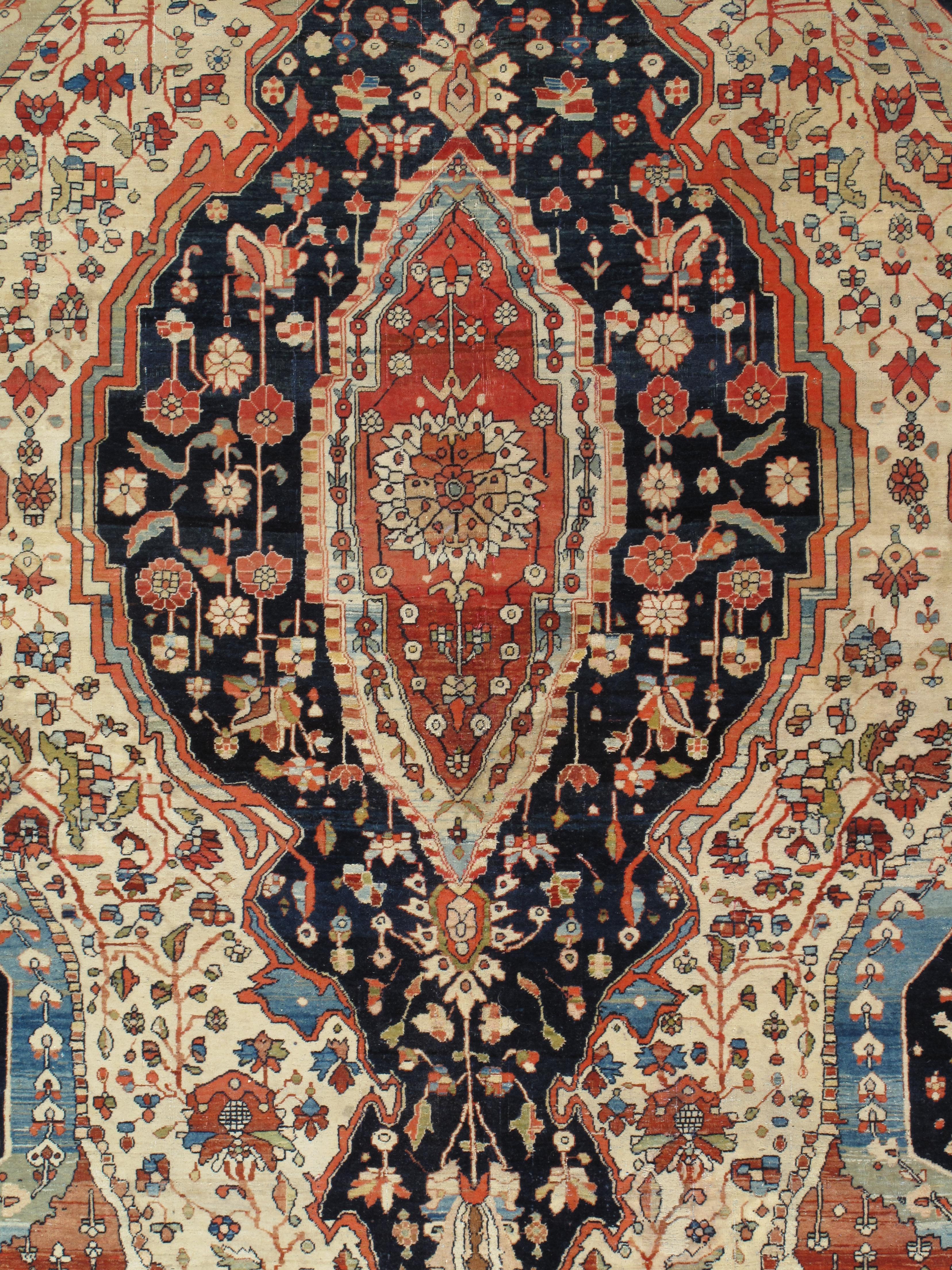 Antique Persian Mohtasham Kashan Carpet, Traditional, Ivory, Blue, Green, Reds 8