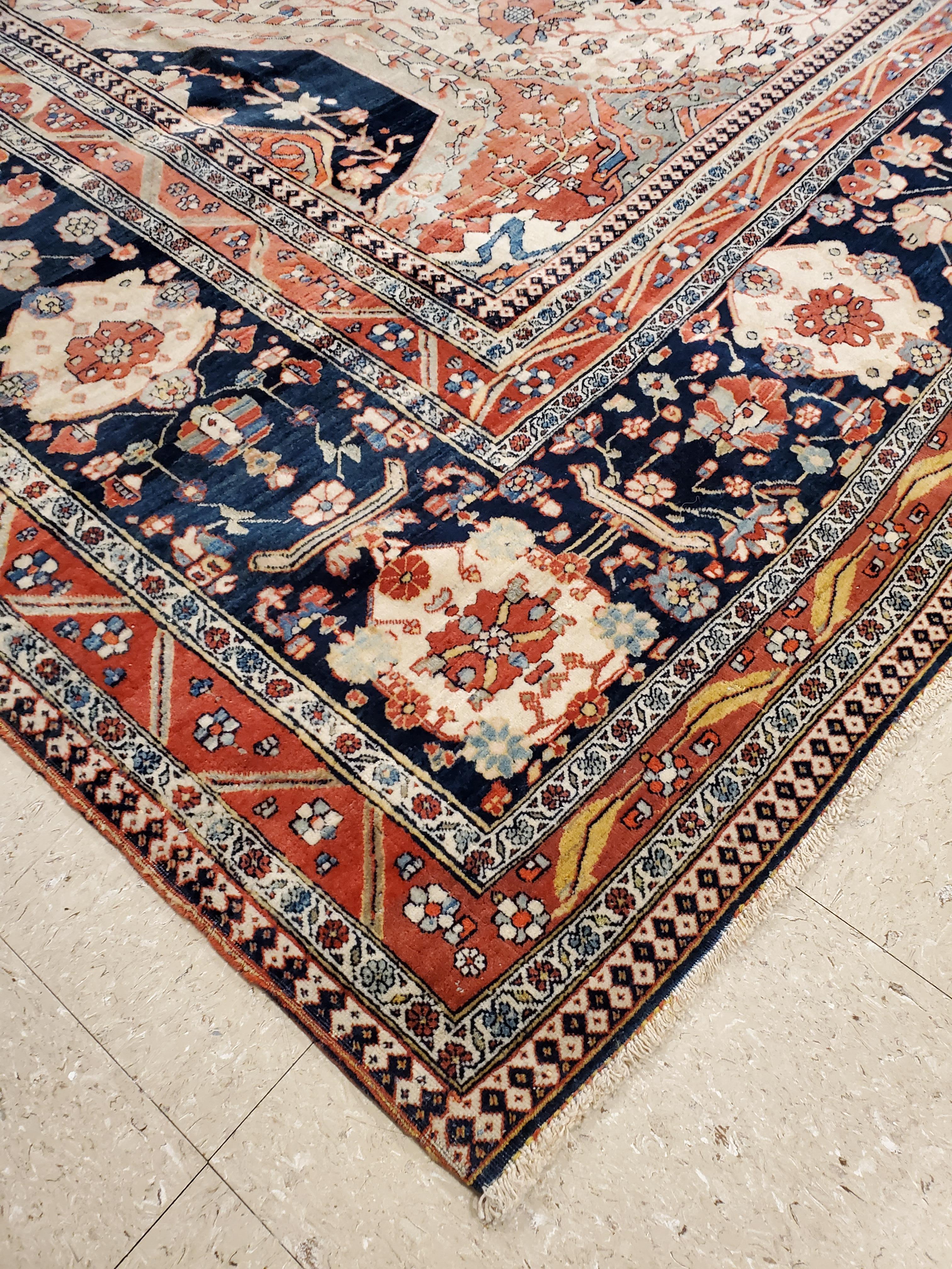 Antique Persian Mohtasham Kashan Carpet, Traditional, Ivory, Blue, Green, Reds 9