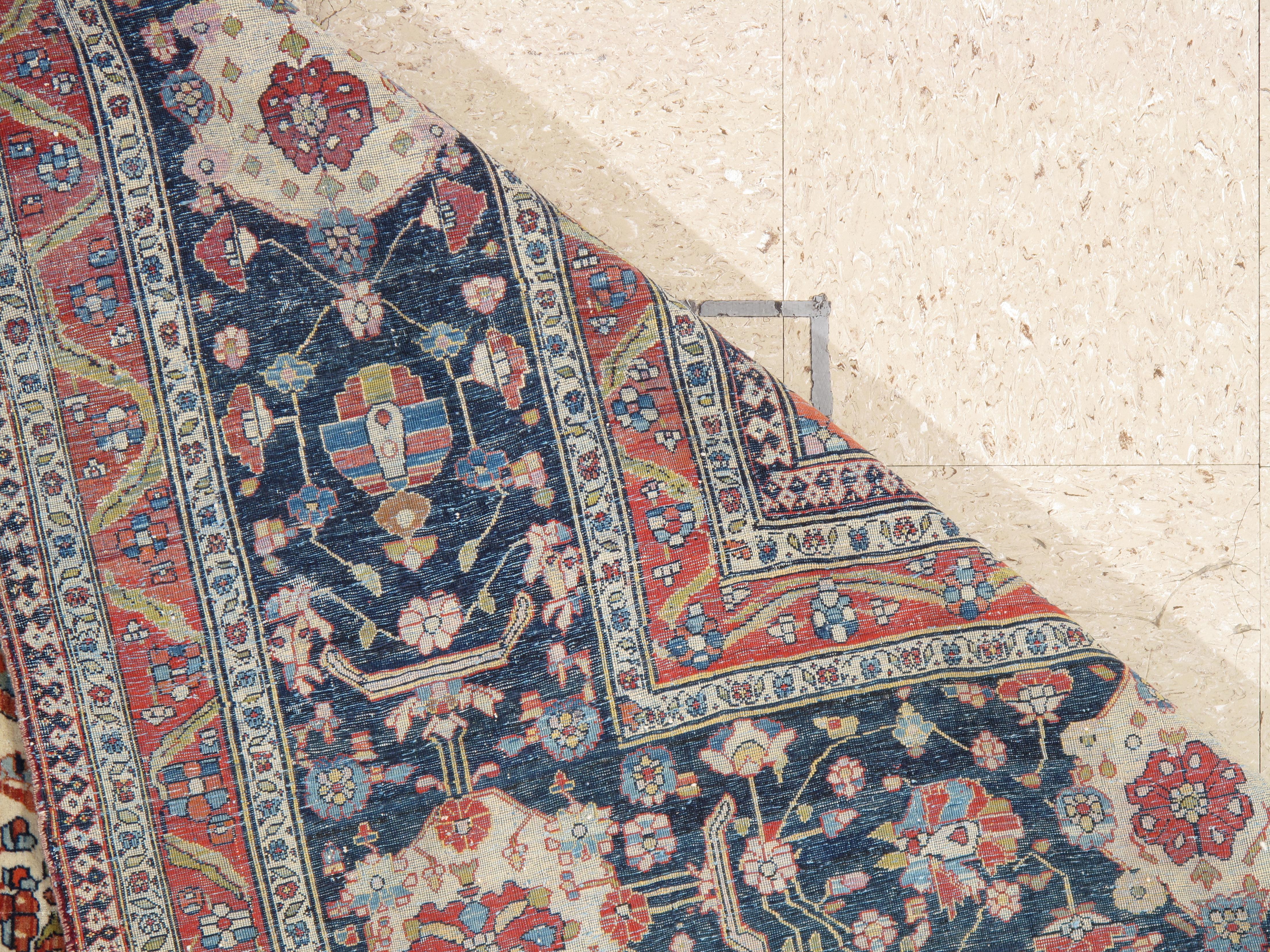 Antique Persian Mohtasham Kashan Carpet, Traditional, Ivory, Blue, Green, Reds 10