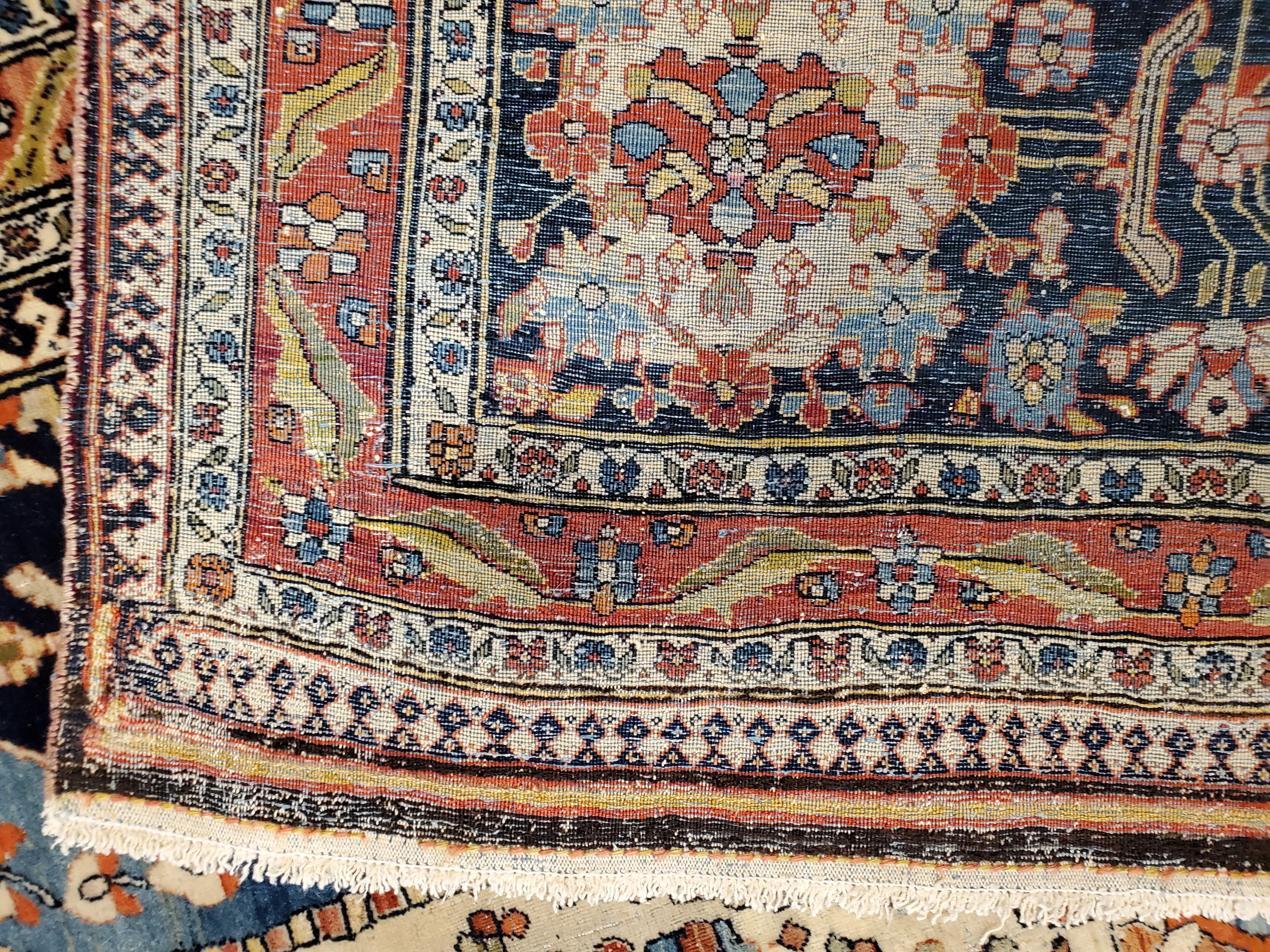 Antique Persian Mohtasham Kashan Carpet, Traditional, Ivory, Blue, Green, Reds 12