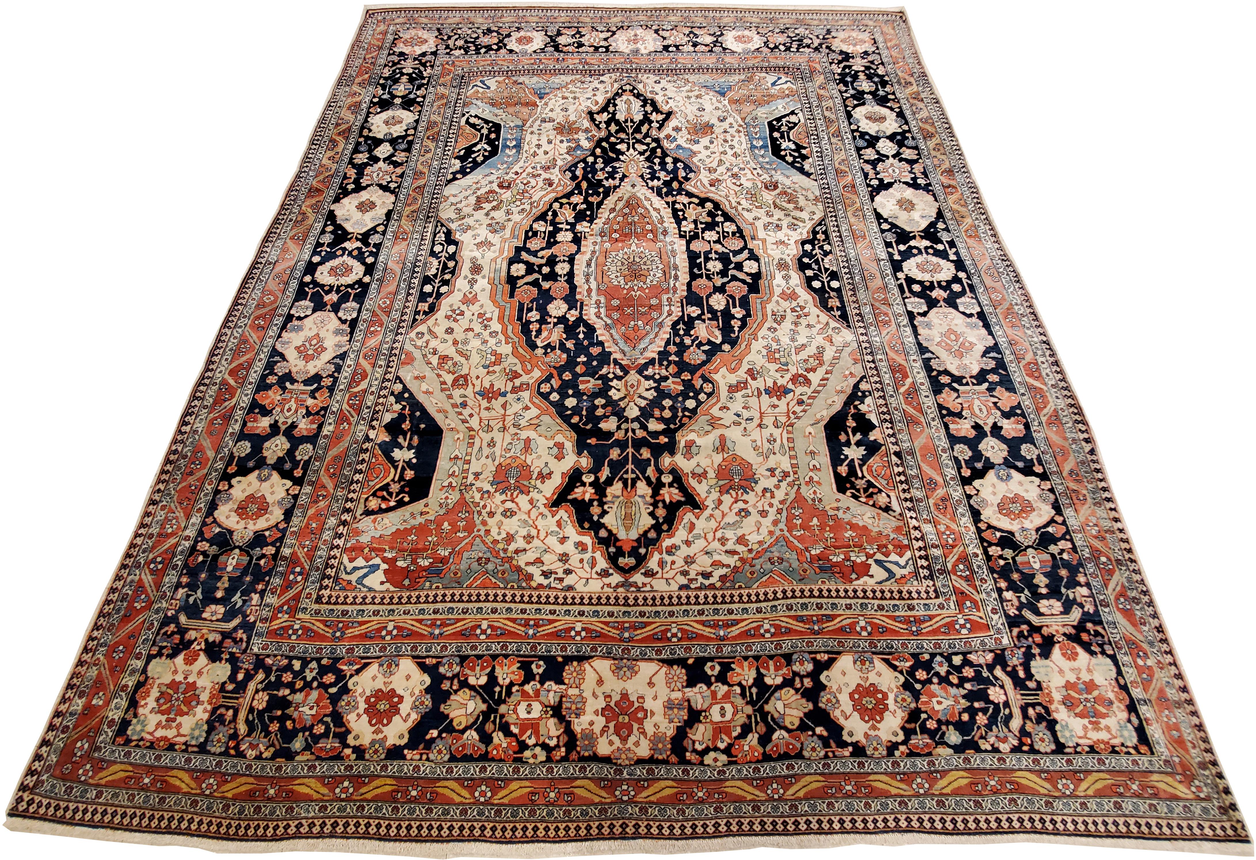 Hand-Knotted Antique Persian Mohtasham Kashan Carpet, Traditional, Ivory, Blue, Green, Reds