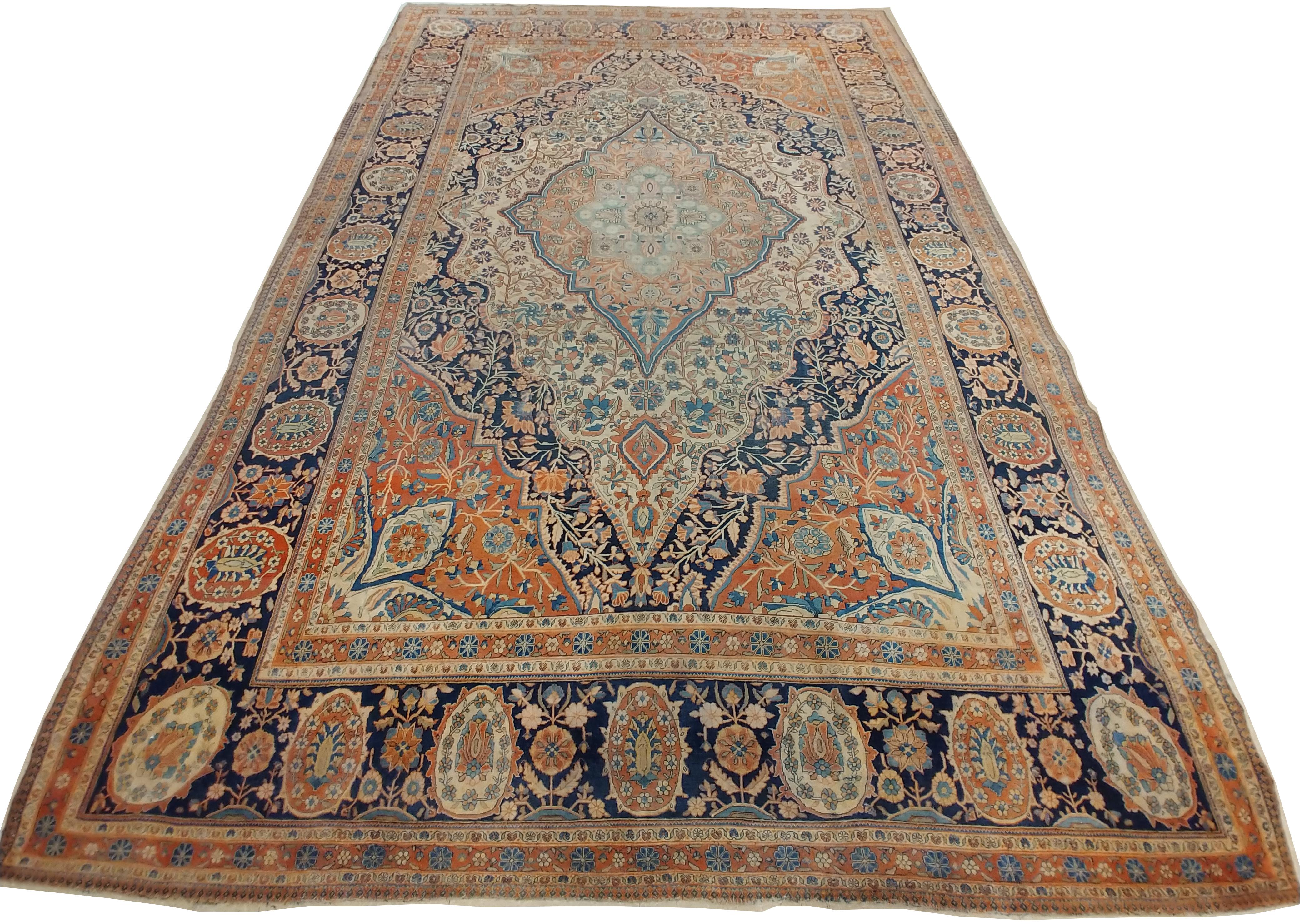 Hand-Knotted Antique Persian Mohtasham Kashan Carpet, Traditional, Ivory, Blue, Green, Reds For Sale