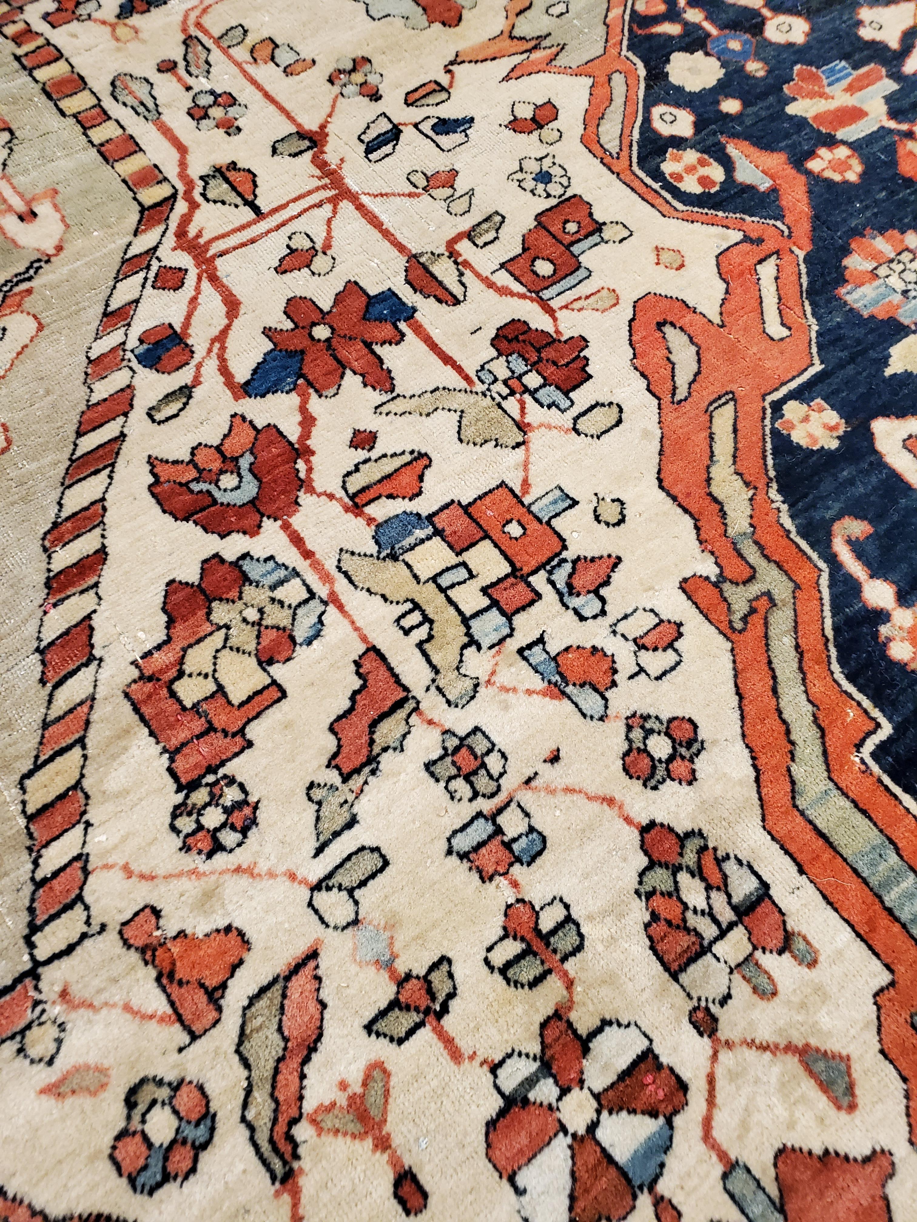 Wool Antique Persian Mohtasham Kashan Carpet, Traditional, Ivory, Blue, Green, Reds