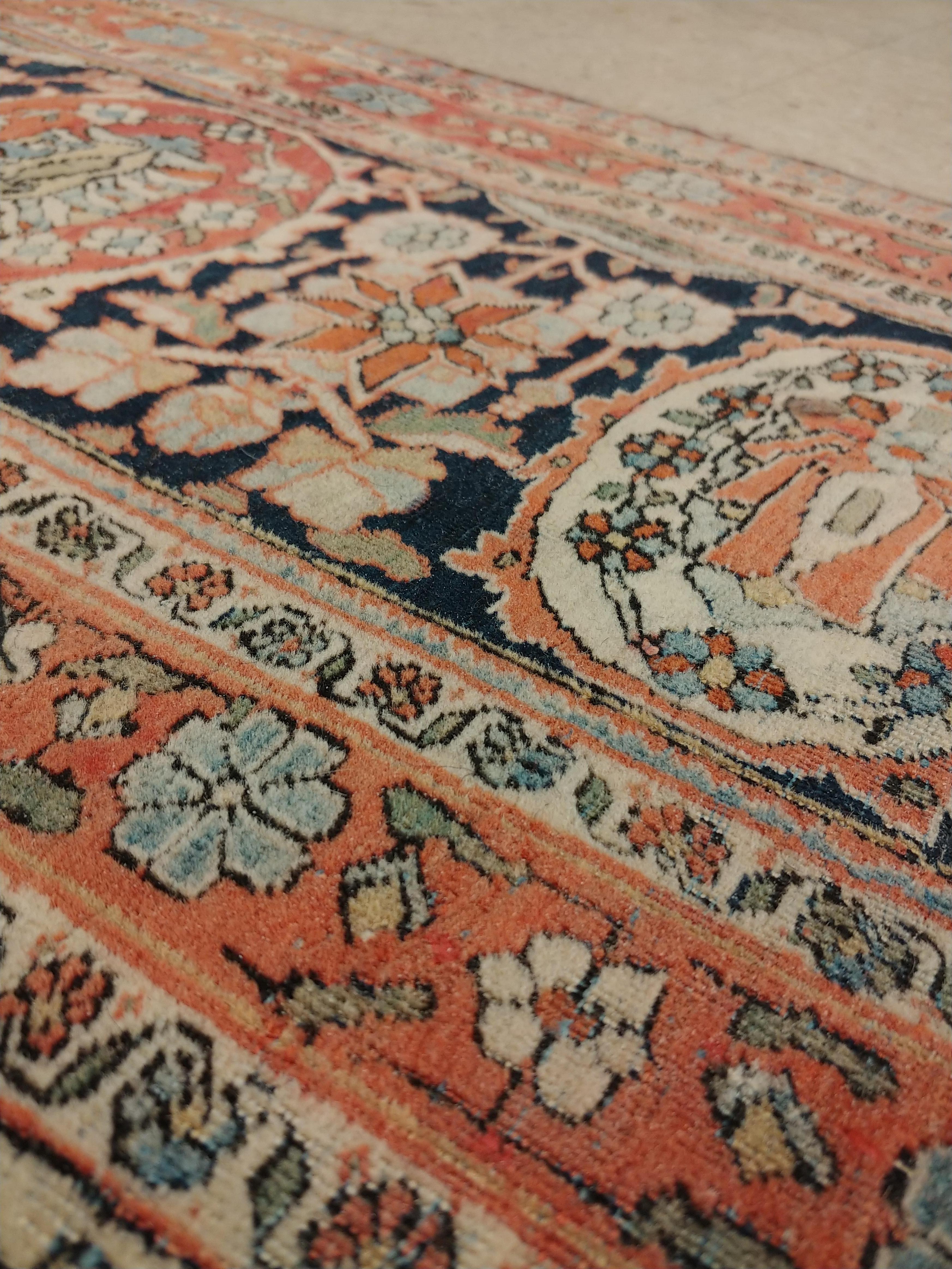19th Century Antique Persian Mohtasham Kashan Carpet, Traditional, Ivory, Blue, Green, Reds For Sale