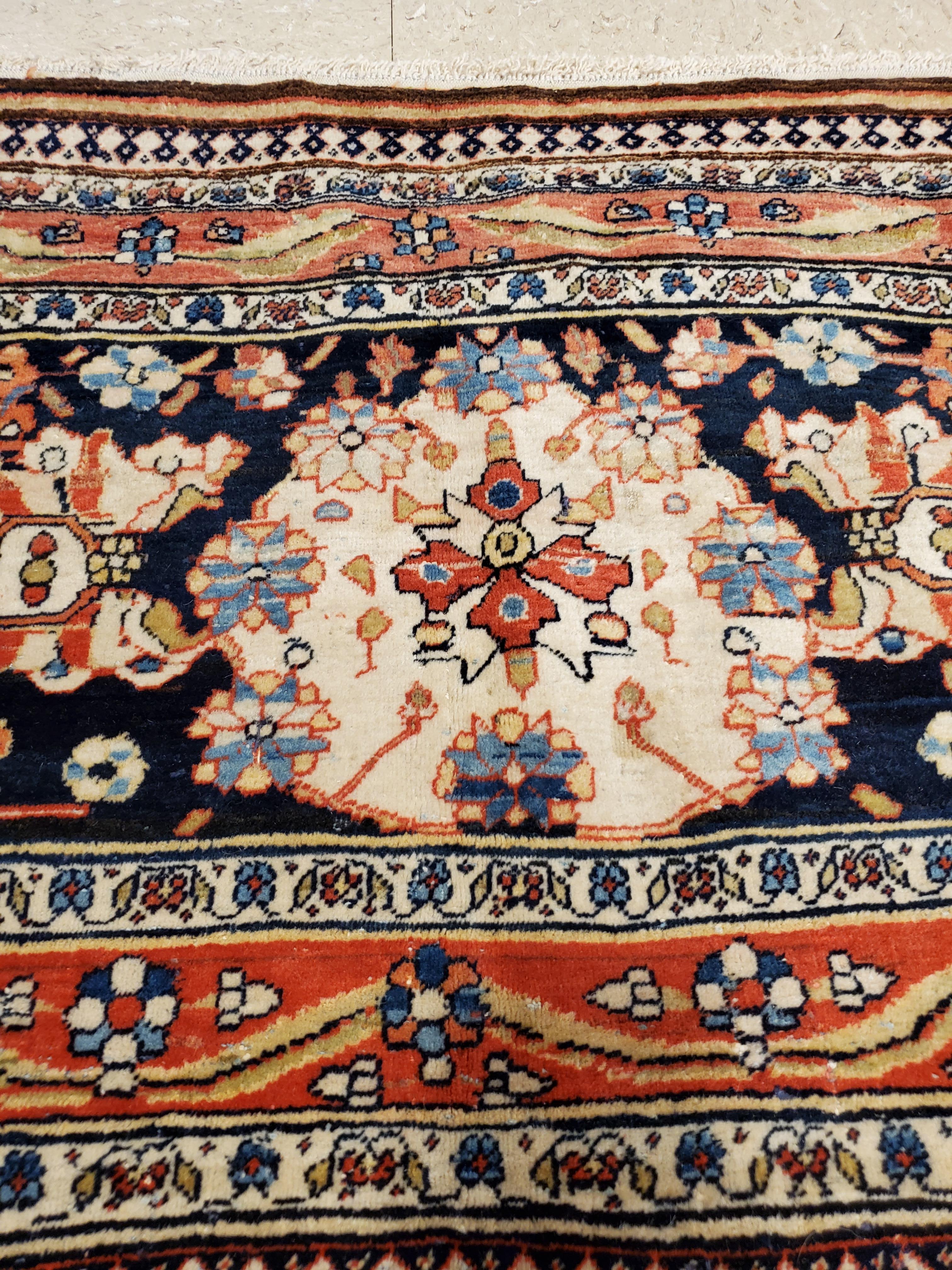 Antique Persian Mohtasham Kashan Carpet, Traditional, Ivory, Blue, Green, Reds 1