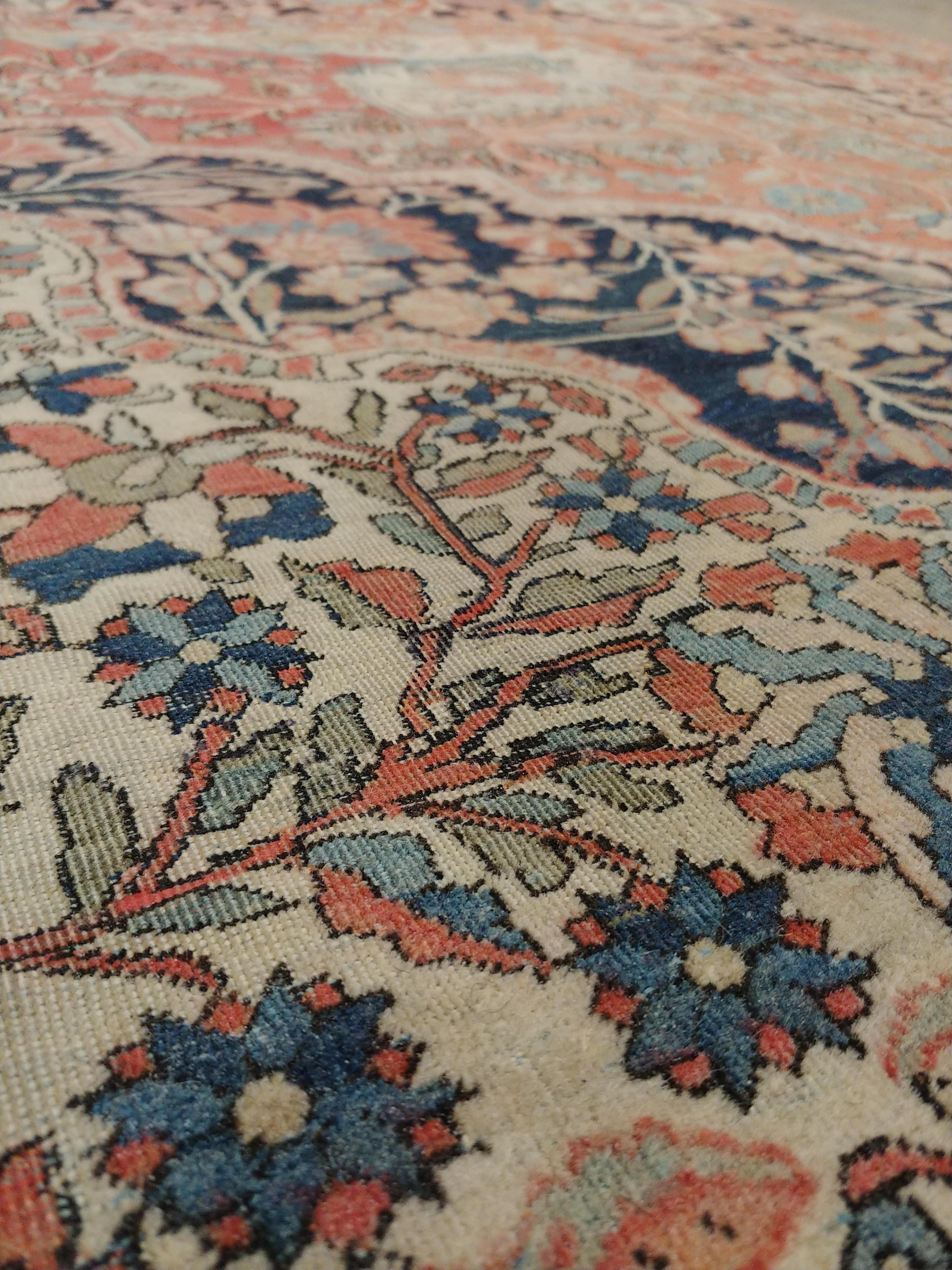 Wool Antique Persian Mohtasham Kashan Carpet, Traditional, Ivory, Blue, Green, Reds For Sale