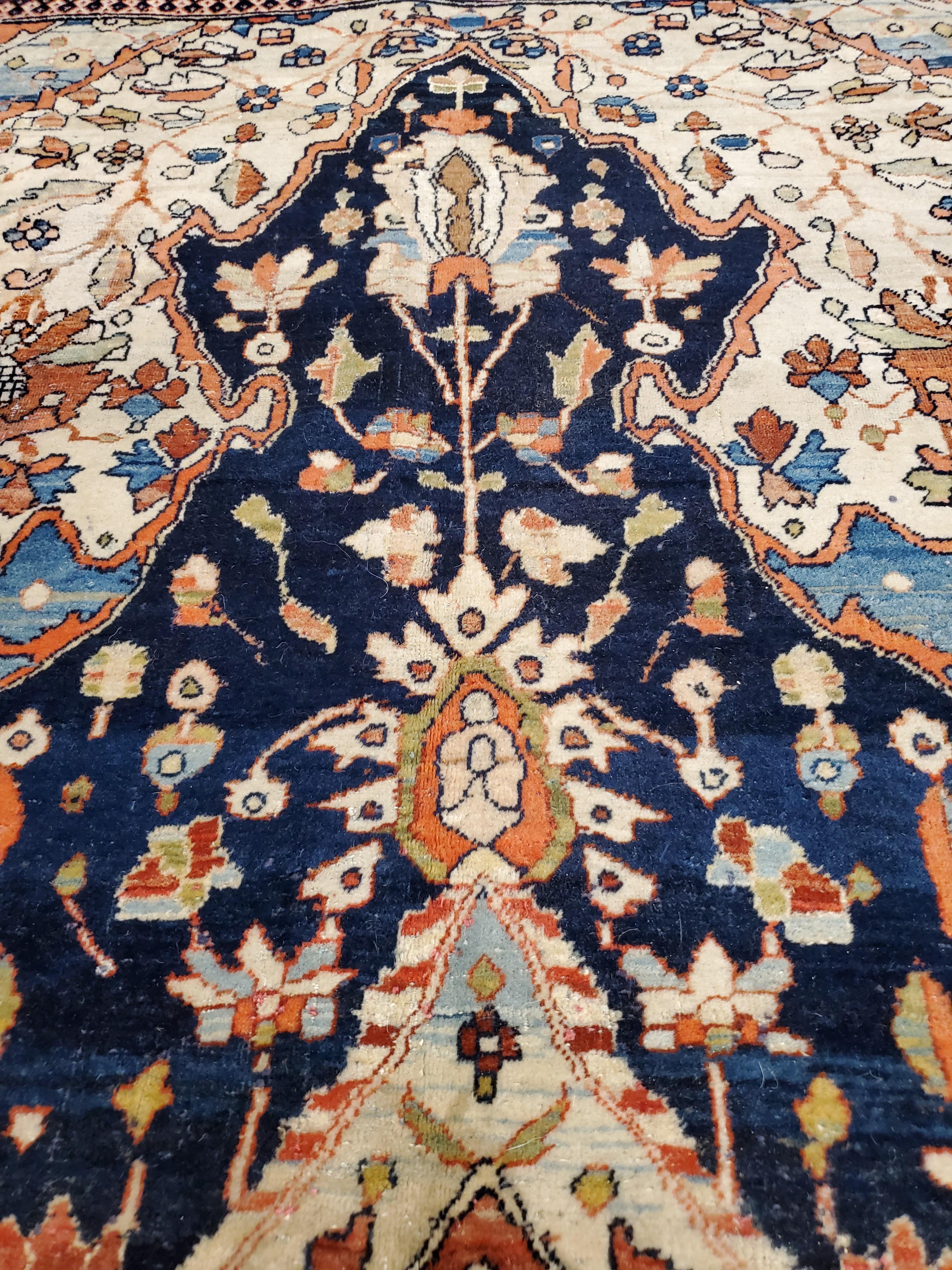 Antique Persian Mohtasham Kashan Carpet, Traditional, Ivory, Blue, Green, Reds 2