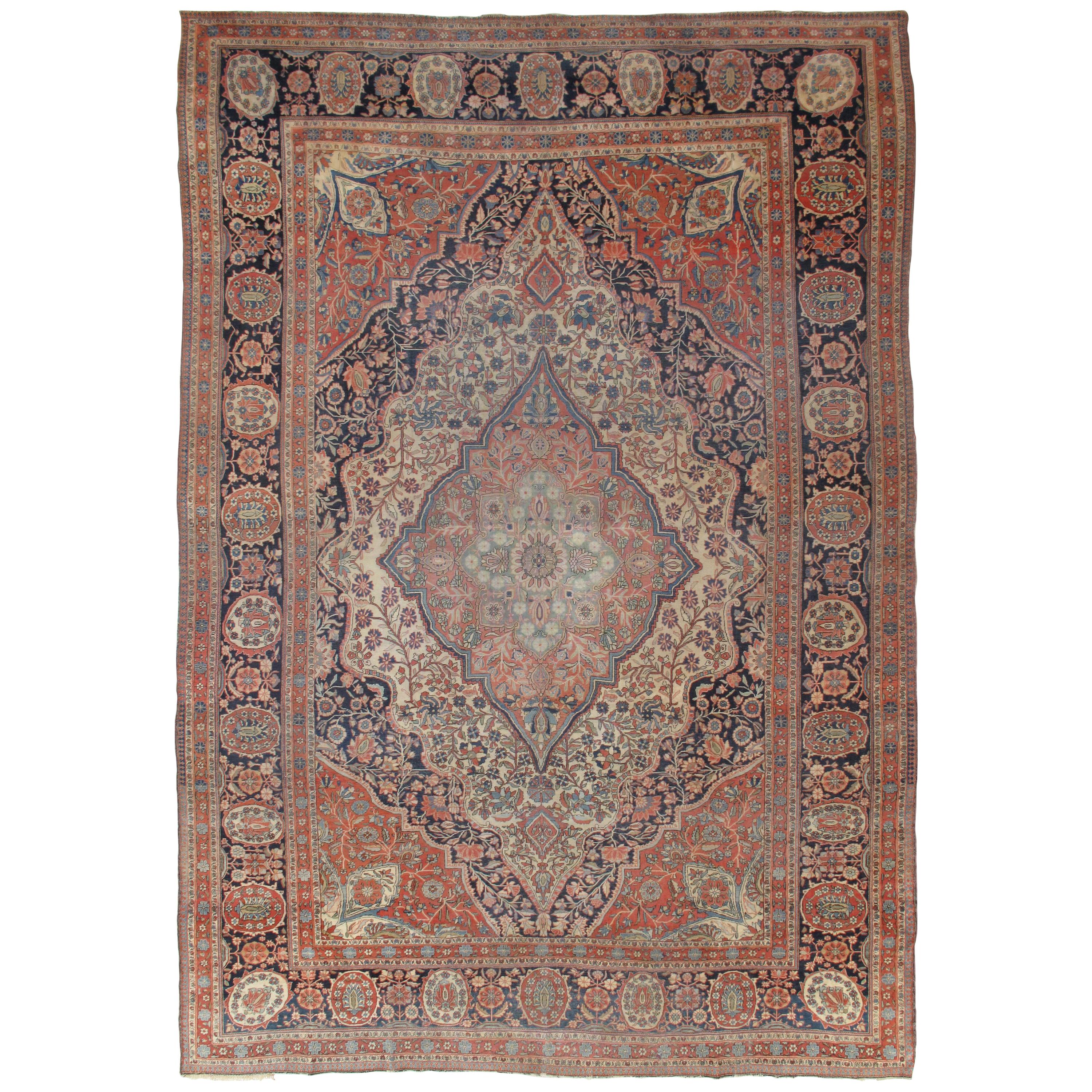 Antique Persian Mohtasham Kashan Carpet, Traditional, Ivory, Blue, Green, Reds For Sale