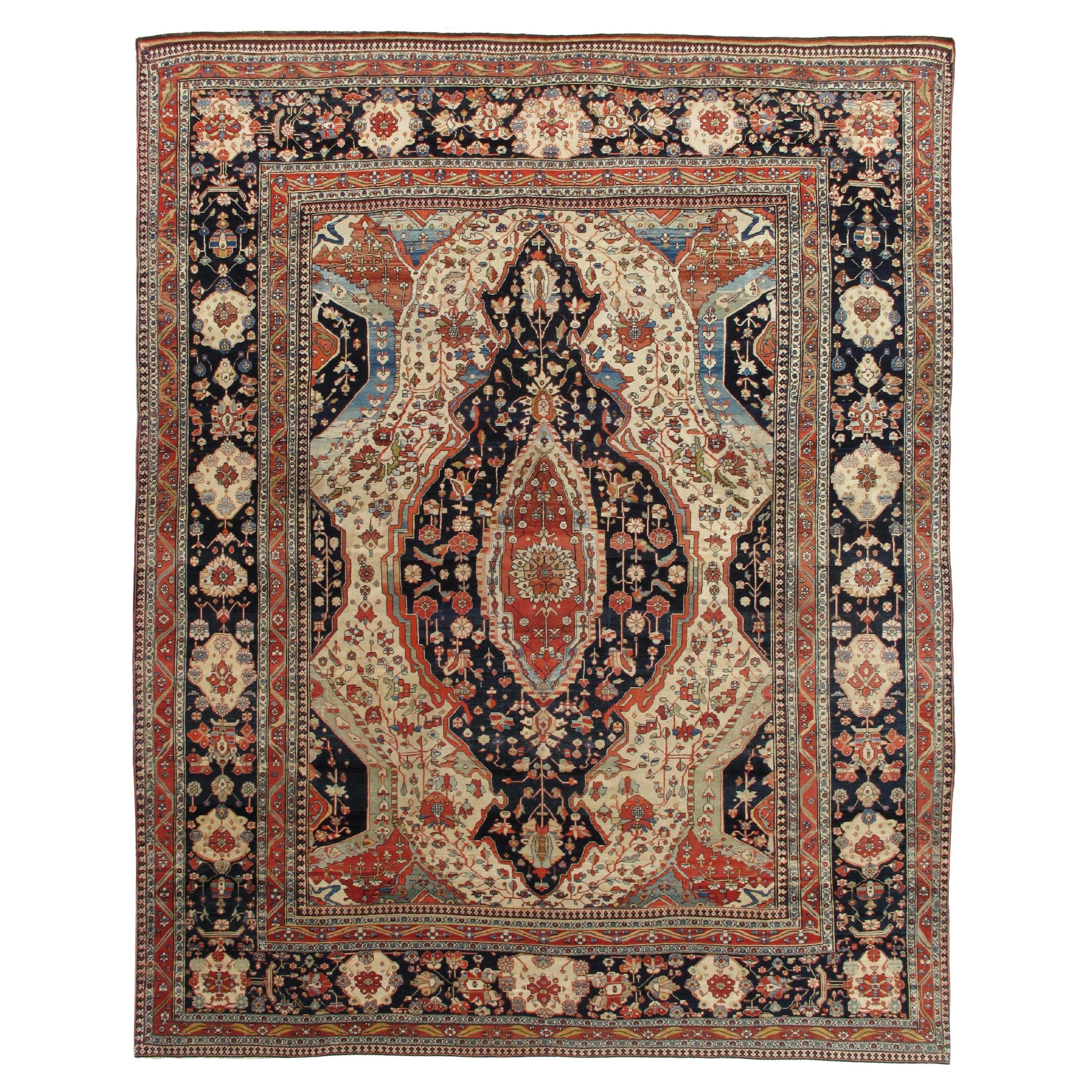 Antique Persian Mohtasham Kashan Carpet, Traditional, Ivory, Blue, Green, Reds