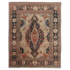Antique Persian Mohtasham Kashan Carpet, Traditional, Ivory, Blue, Green, Reds